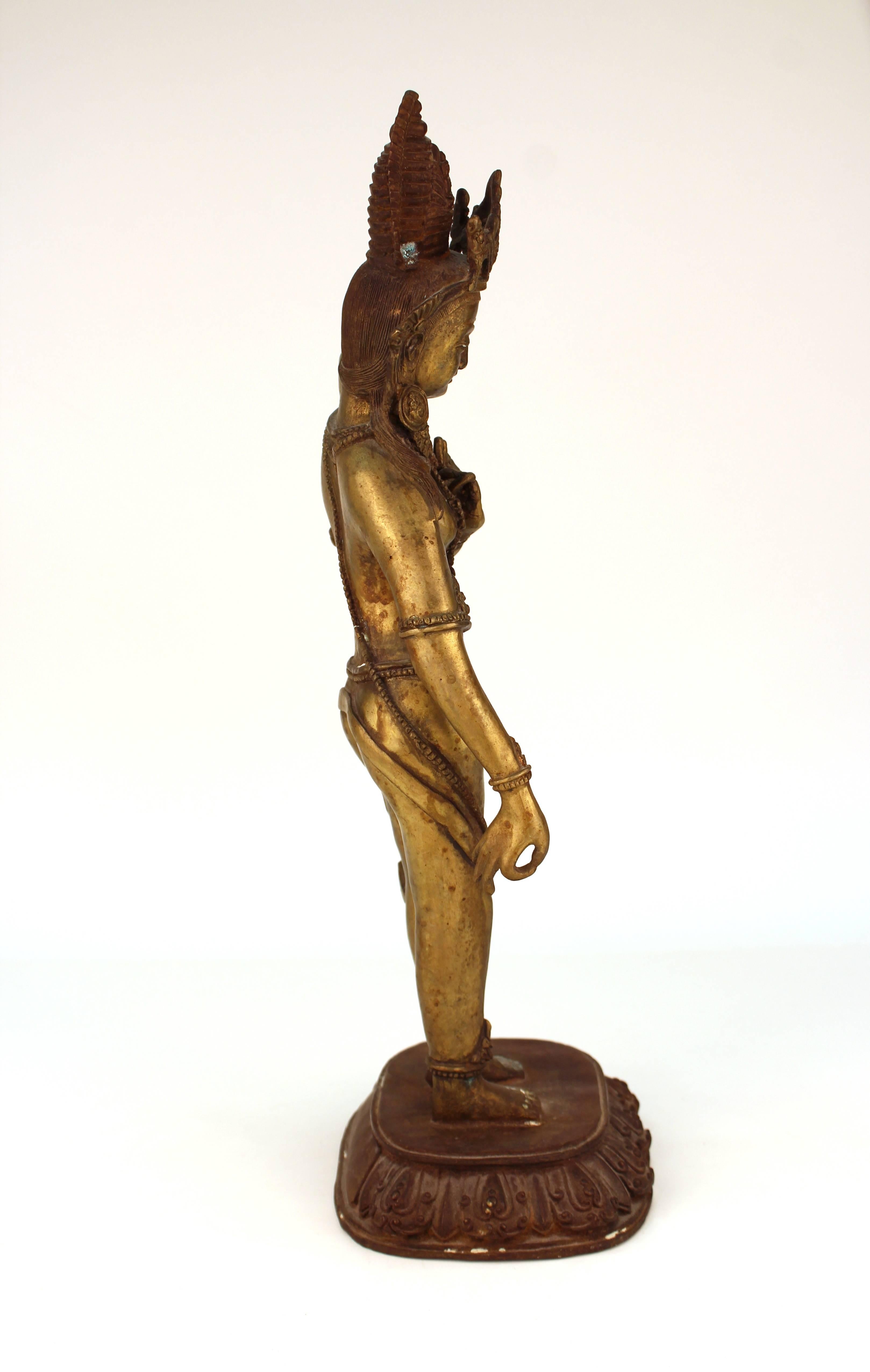 20th Century Tibetan or Indian Hindu Gilt Brass Figure of a Standing Bhumi Devi