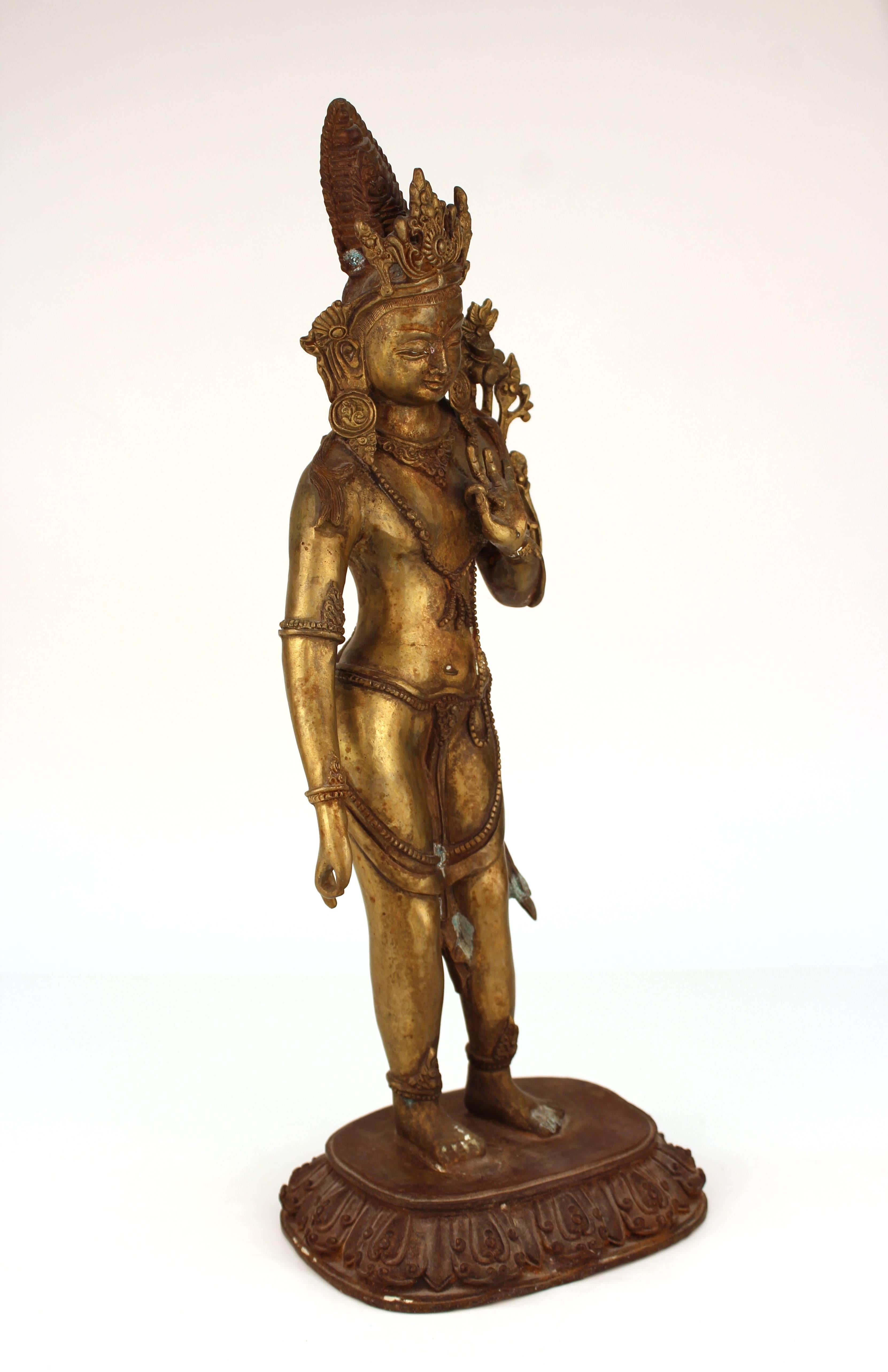 Tibetan or Indian Hindu Gilt Brass Figure of a Standing Bhumi Devi 1