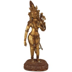Tibetan or Indian Hindu Gilt Brass Figure of a Standing Bhumi Devi