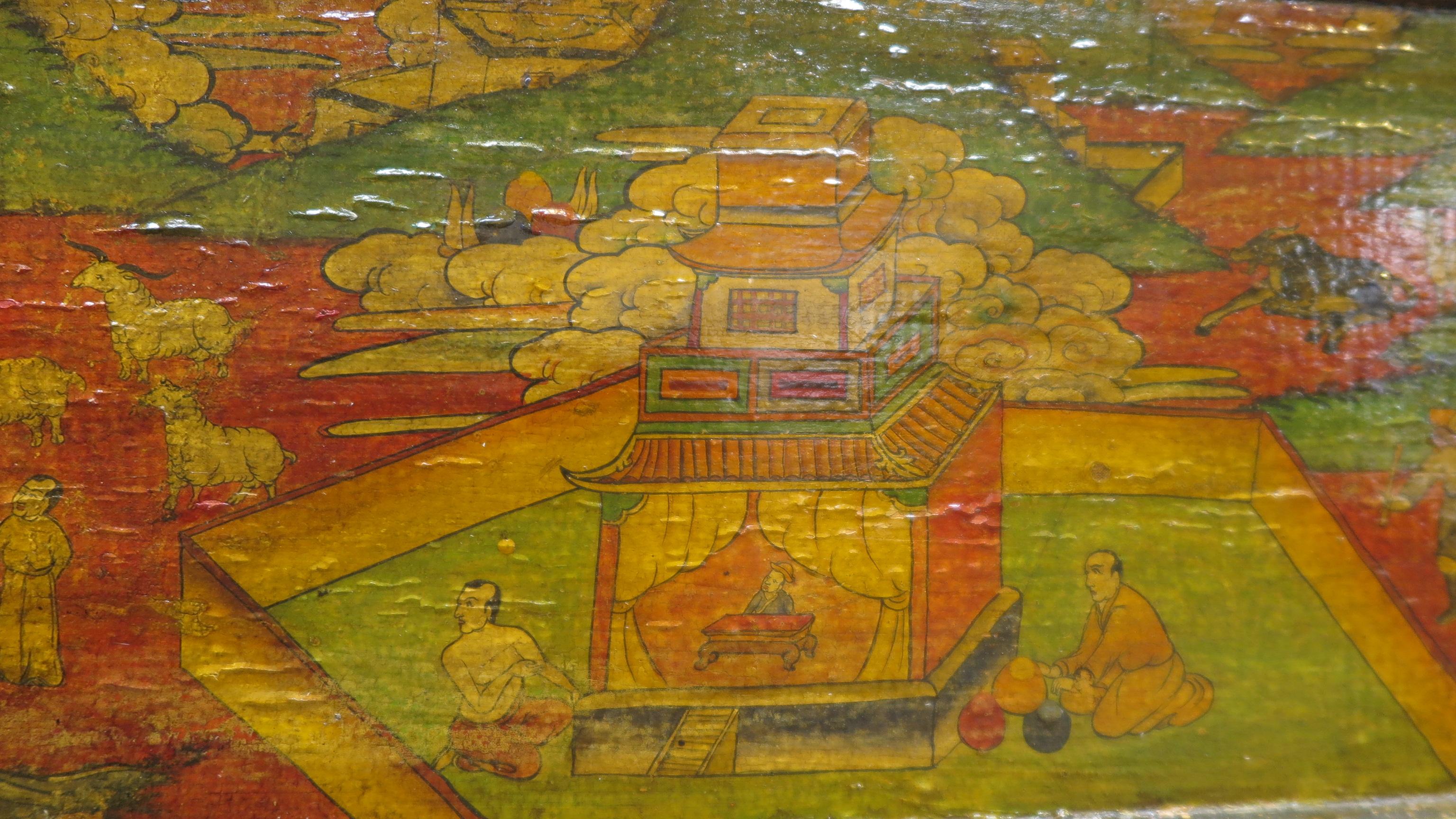 20th century Tibetan Painting on canvas adhered to board. Tibetan Painting using Pigments with lacquer on canvas then adhered to wooden board. Painted by Devotees depicting a small Pagoda Temple with Buddhist teacher and two devotees. Three round