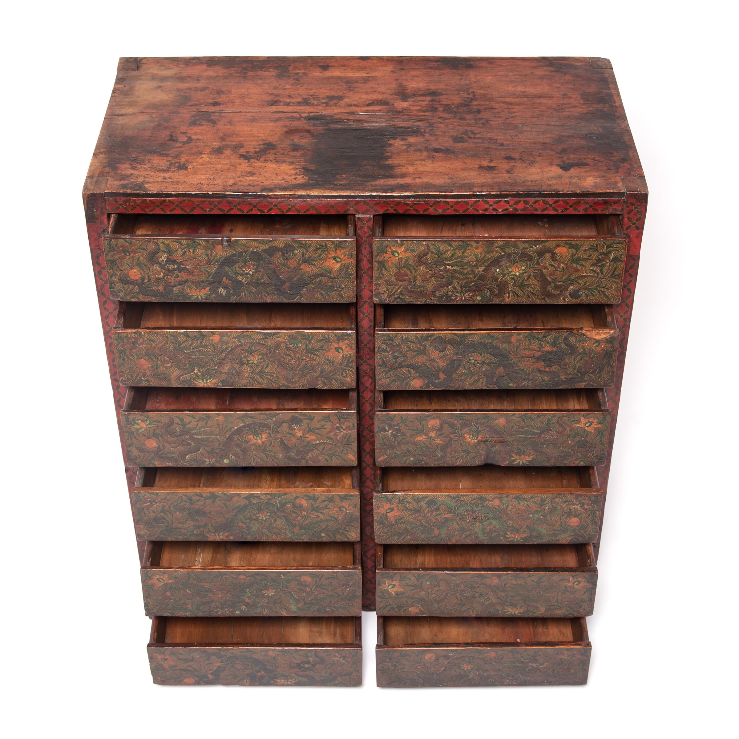 19th Century Tibetan Painted Dragon Chest of Drawers, c. 1850 For Sale
