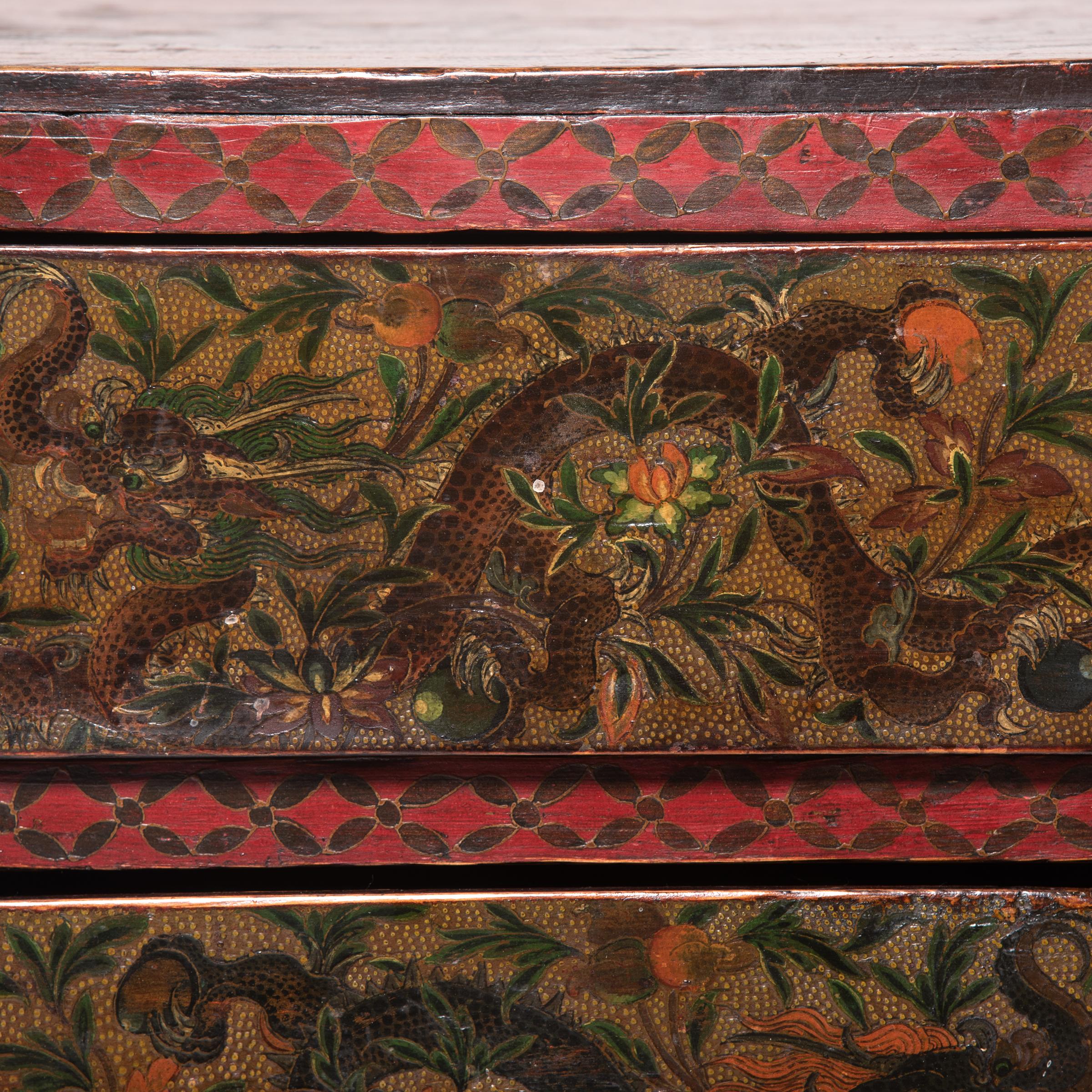 Wood Tibetan Painted Dragon Chest of Drawers, c. 1850 For Sale