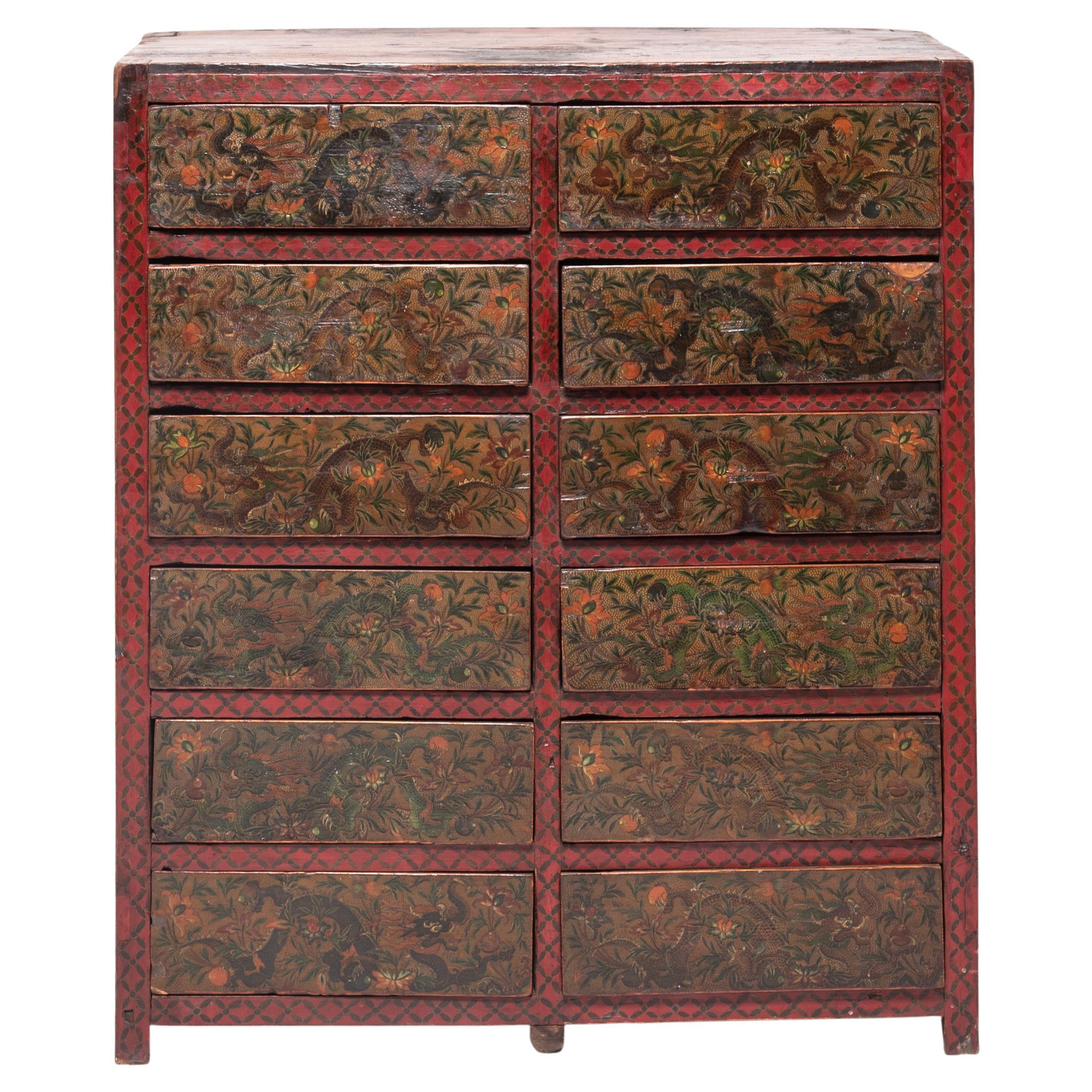 Tibetan Painted Dragon Chest of Drawers, c. 1850 For Sale