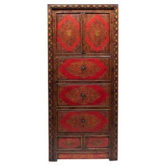 Antique Tibetan Painted Red Lacquer Cabinet, c. 1900