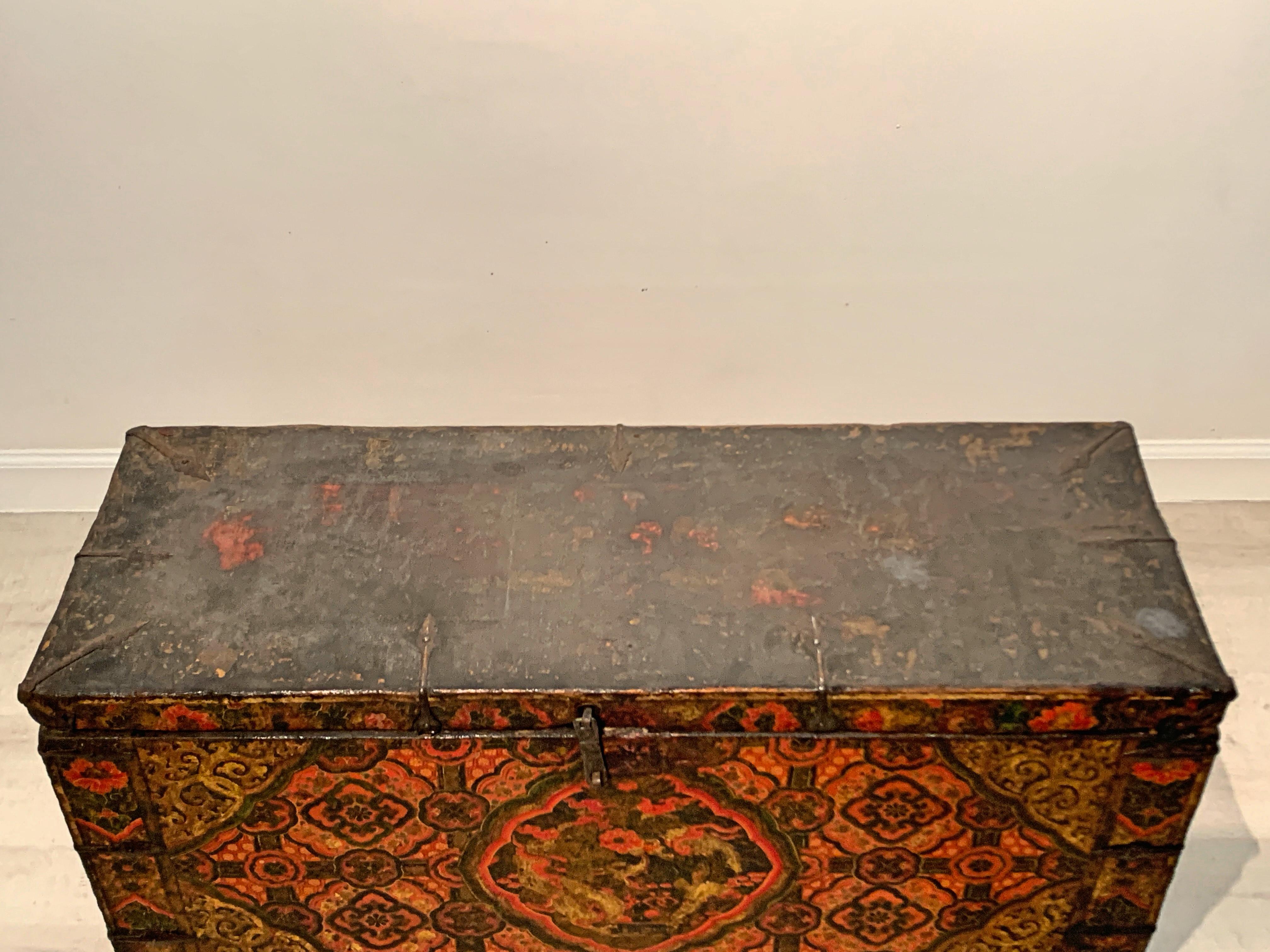 Tibetan Painted Trunk with Dragon and Brocade Design, 17th-18th Century, Tibet 12