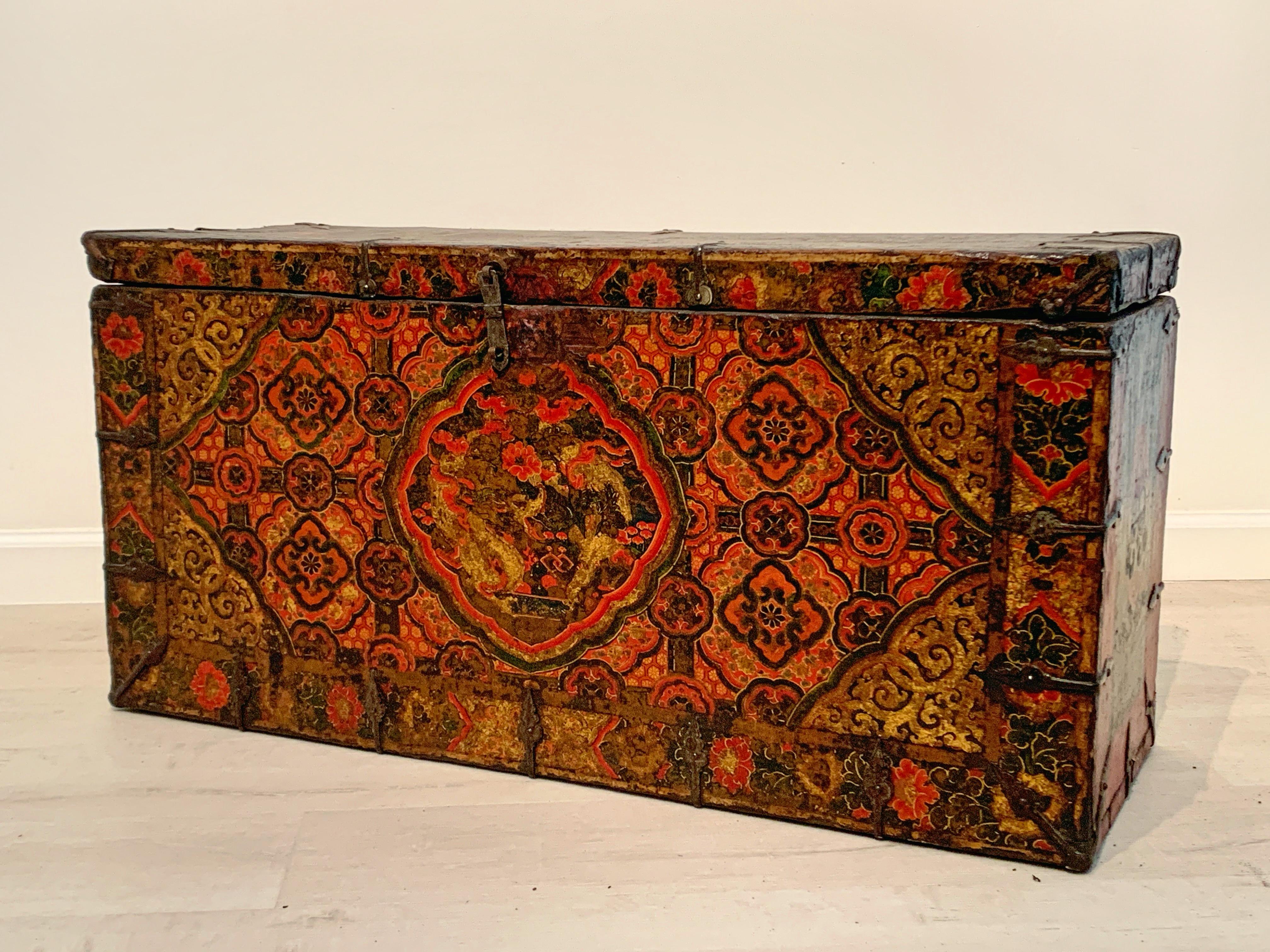 Hand-Painted Tibetan Painted Trunk with Dragon and Brocade Design, 17th-18th Century, Tibet