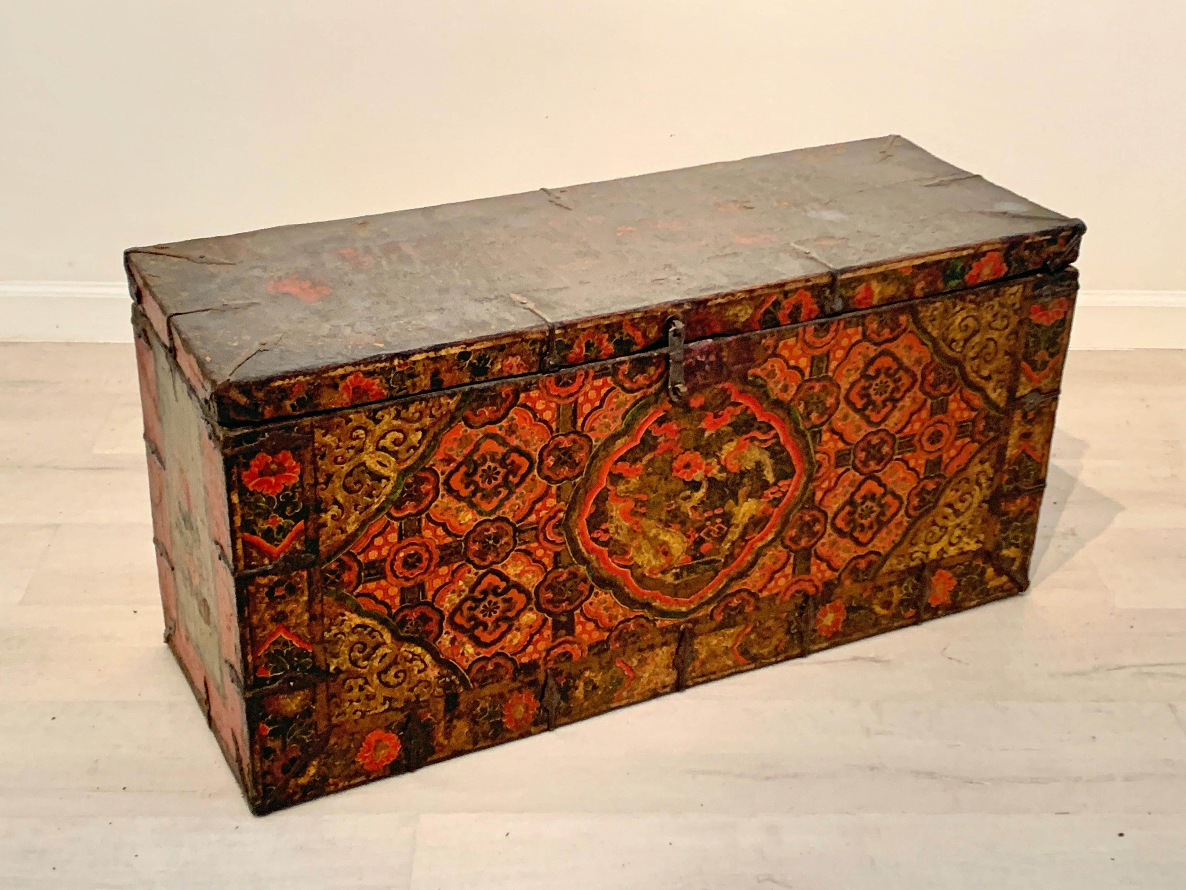 Tibetan Painted Trunk with Dragon and Brocade Design, 17th-18th Century, Tibet In Good Condition In Austin, TX
