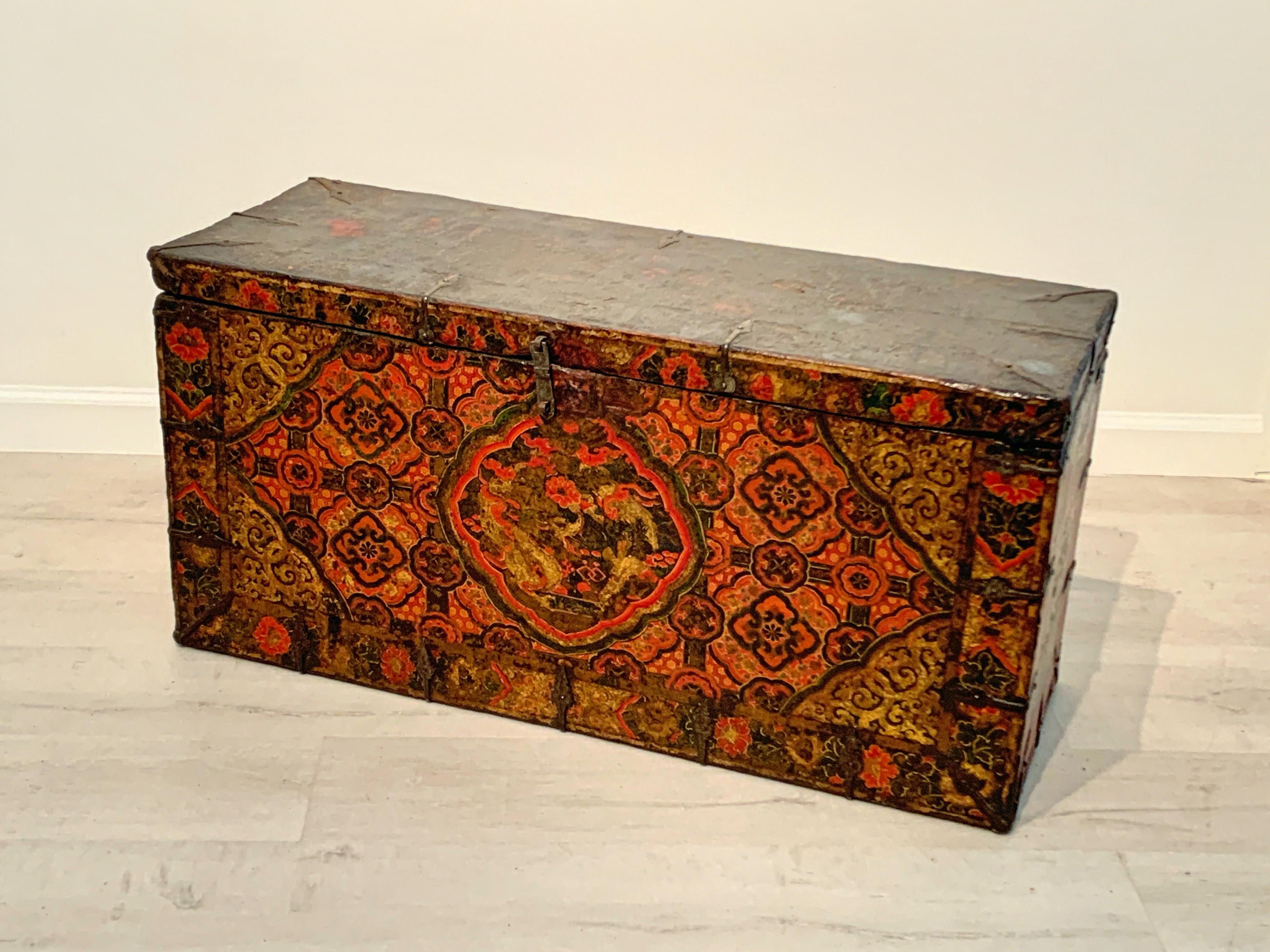 Iron Tibetan Painted Trunk with Dragon and Brocade Design, 17th-18th Century, Tibet