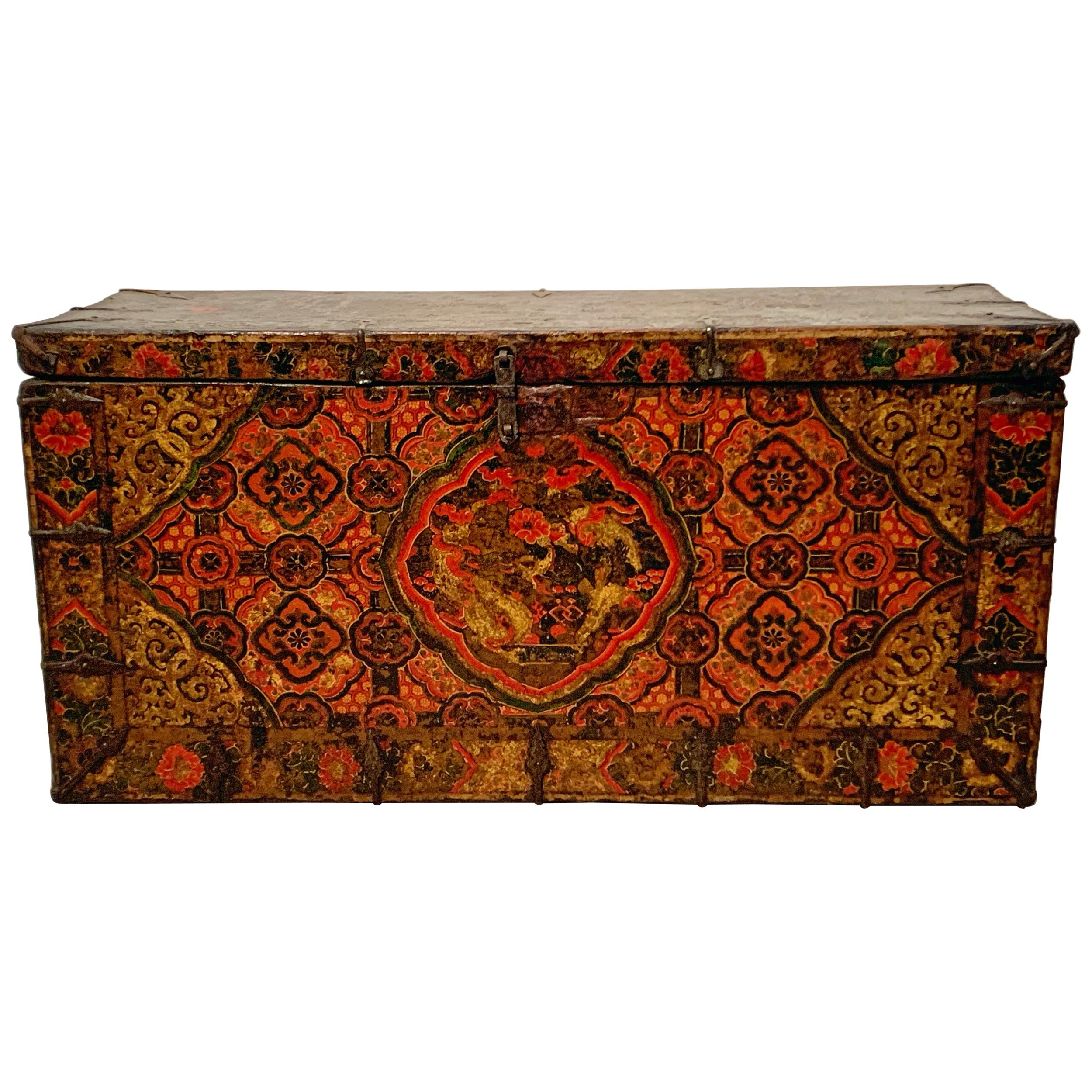 Tibetan Painted Trunk with Dragon and Brocade Design, 17th-18th Century, Tibet