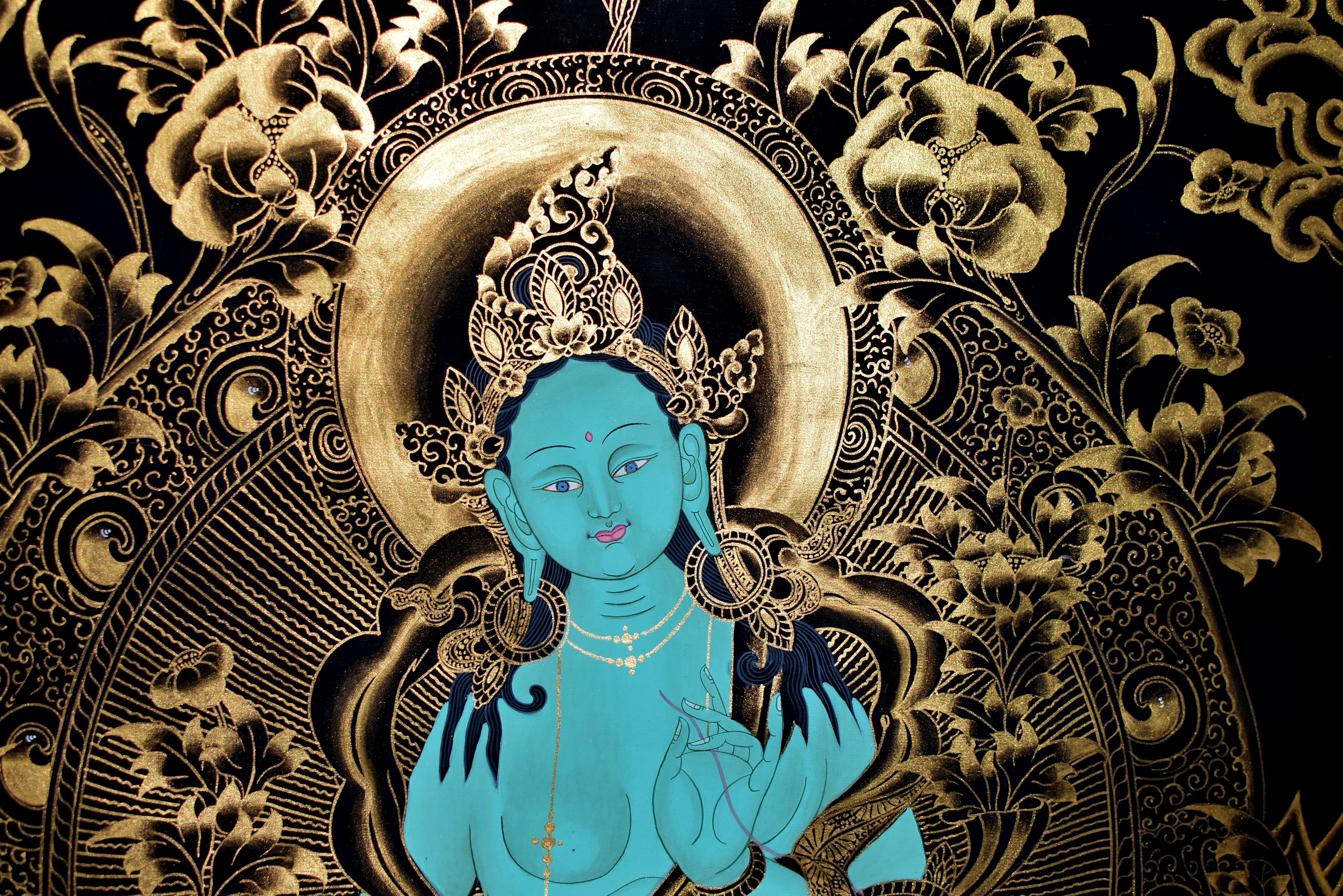 Tibetan Painting Thangka Green Tara Turquoise Gilt For Sale 4