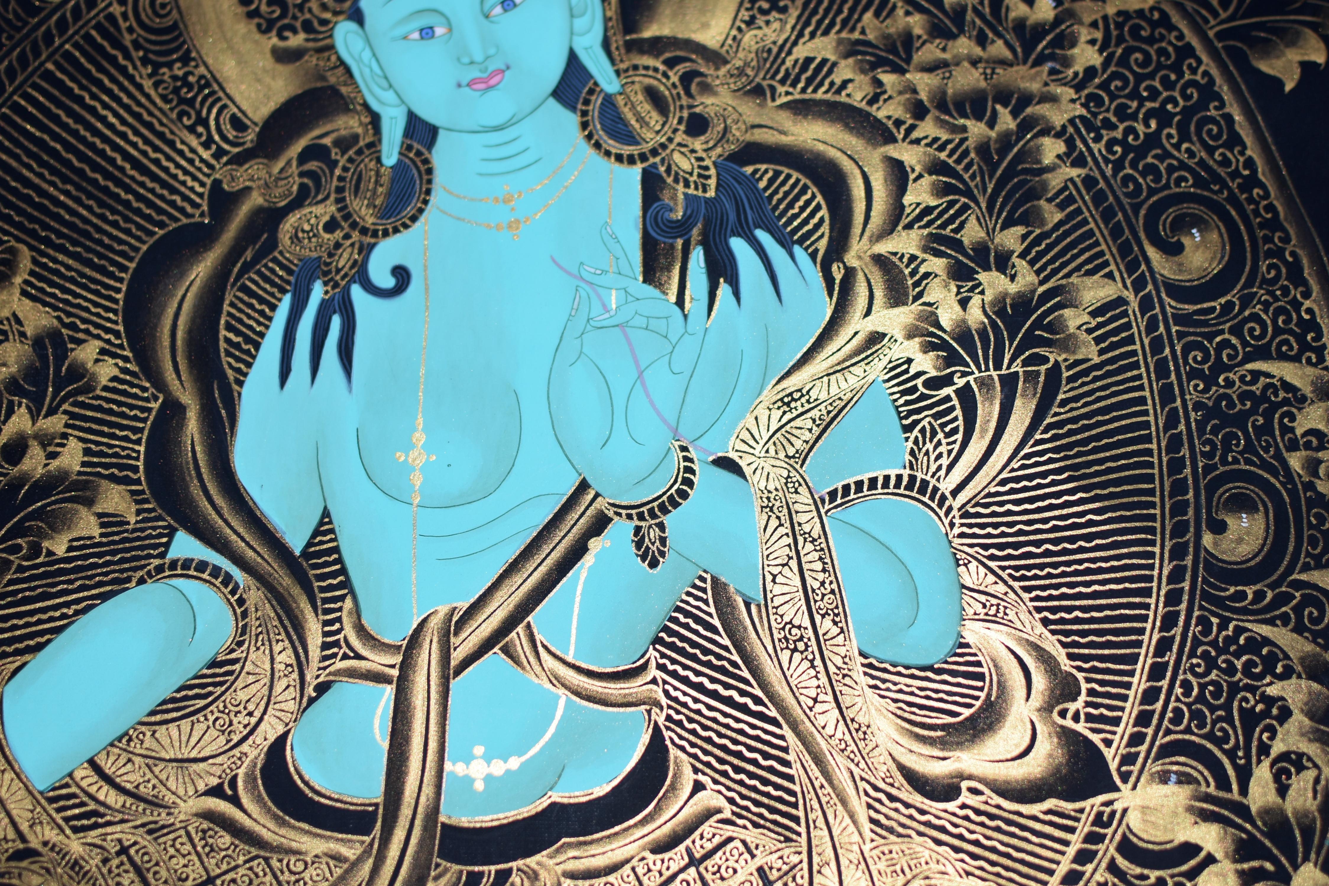 Tibetan Painting Thangka Green Tara Turquoise Gilt For Sale 5