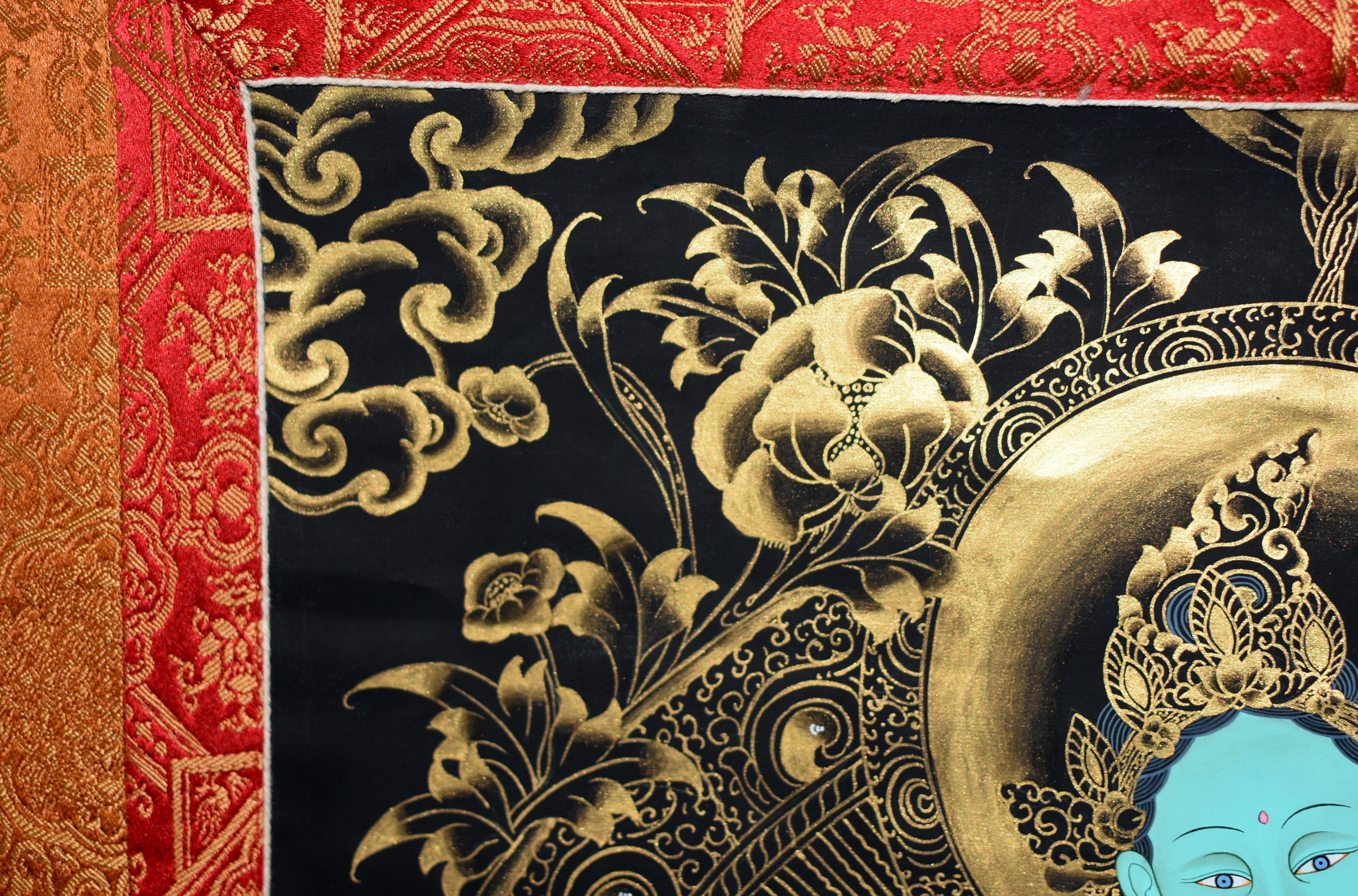 Pittura tibetana Thangka Verde Tara Turchese Dorata in vendita 6