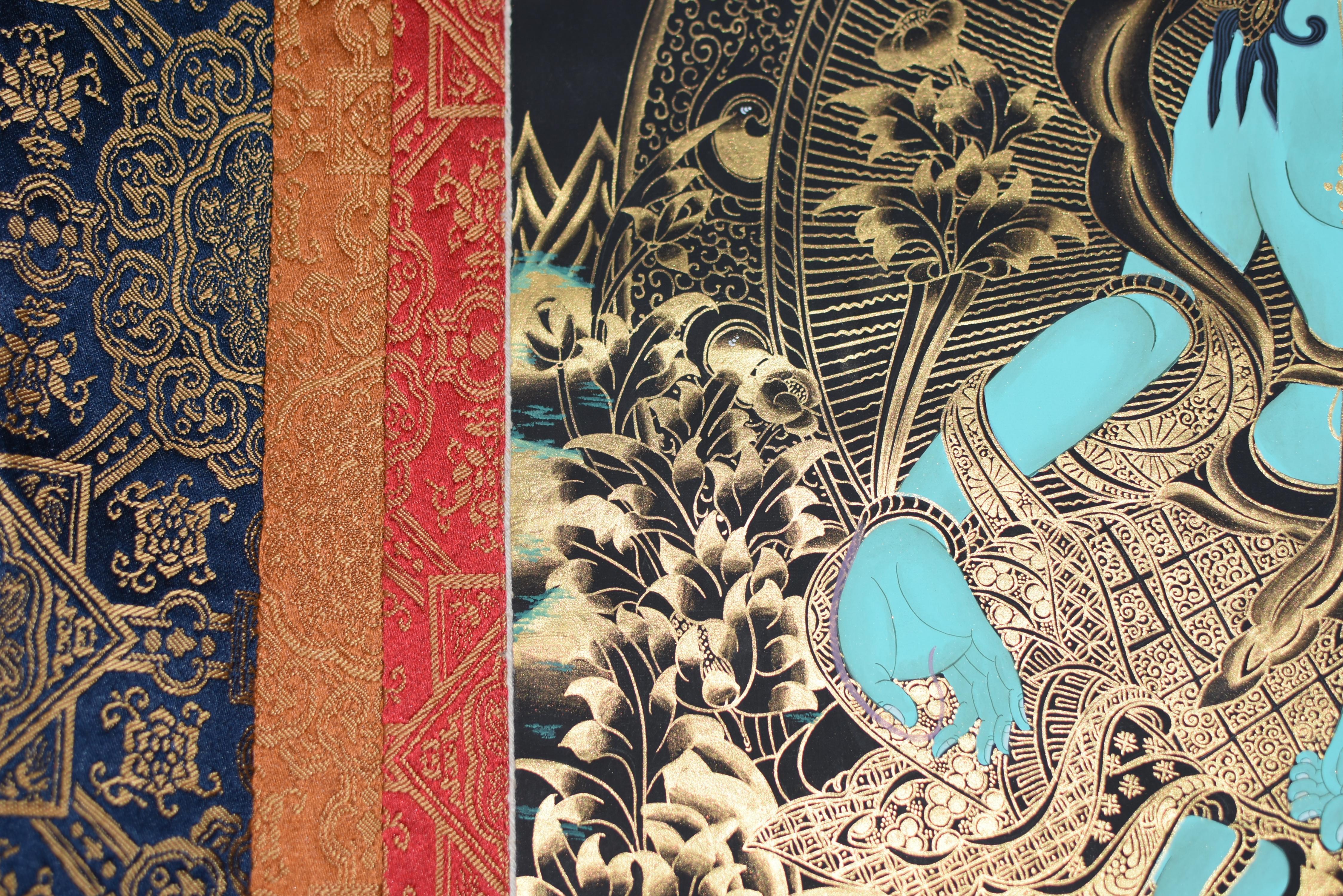 Tibetan Painting Thangka Green Tara Turquoise Gilt For Sale 11