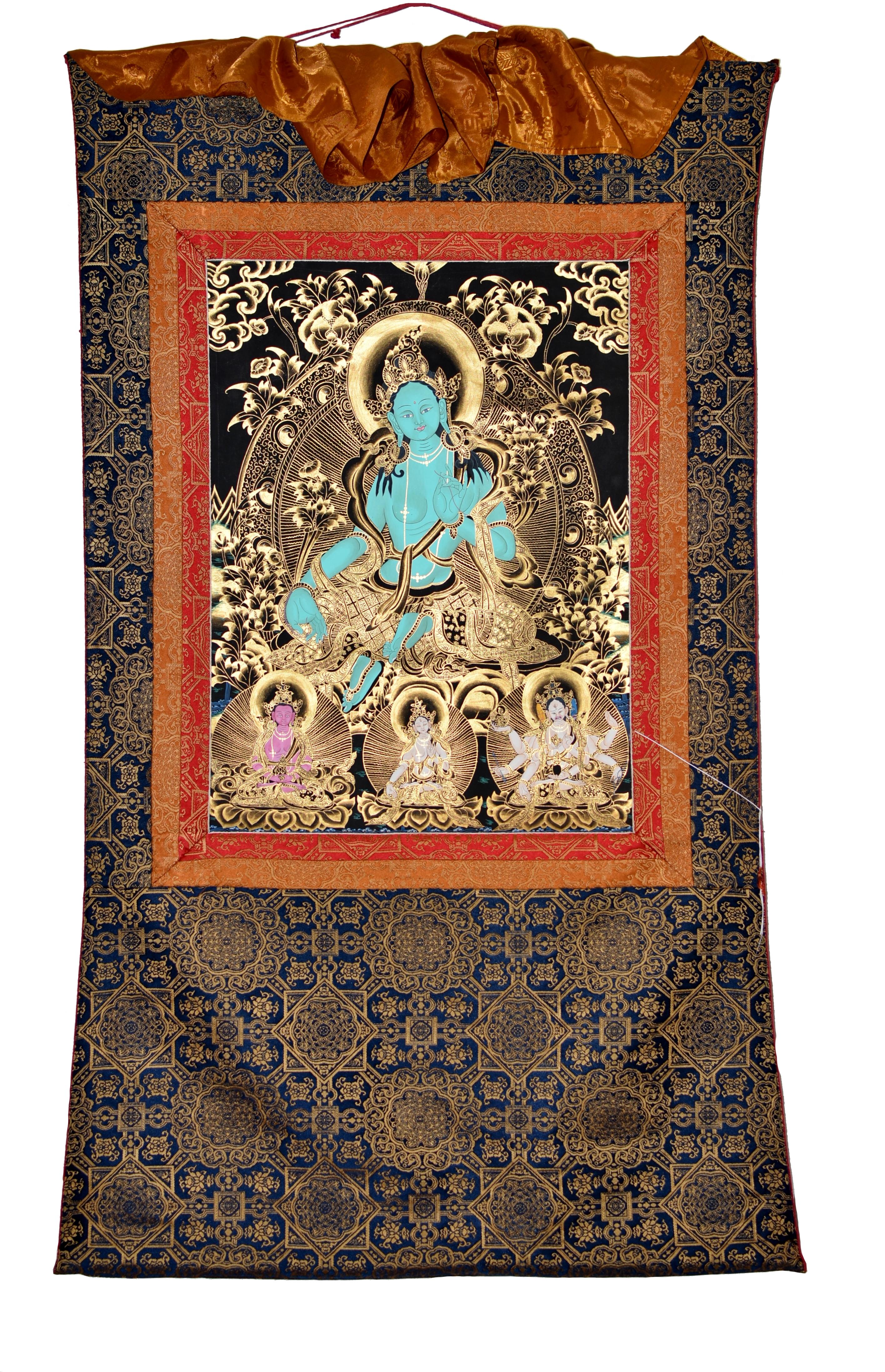 Tibetisches Gemälde Thangka Grün Tara Türkis vergoldet im Angebot 12
