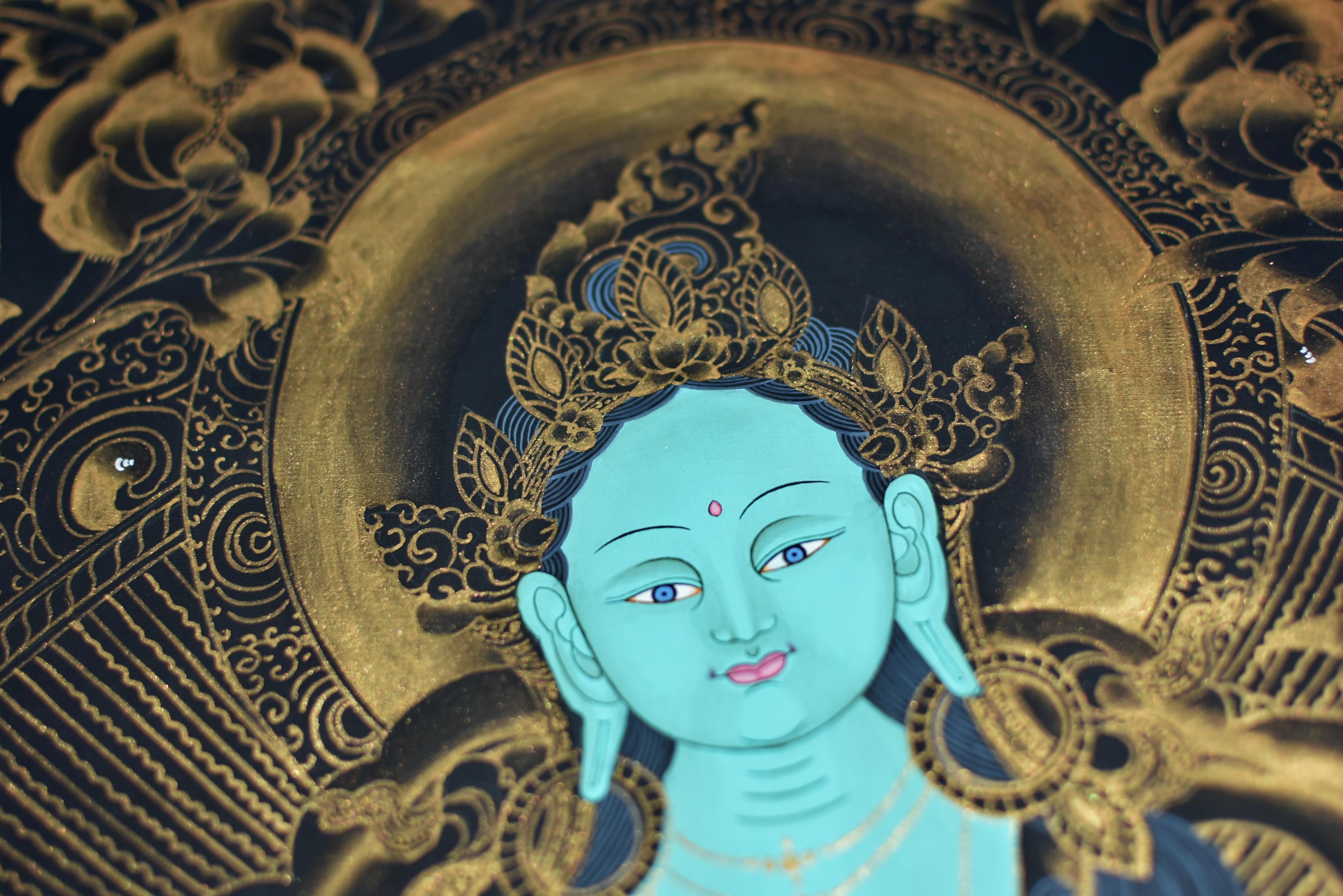 Tibetisches Gemälde Thangka Grün Tara Türkis vergoldet (Nepalesisch) im Angebot