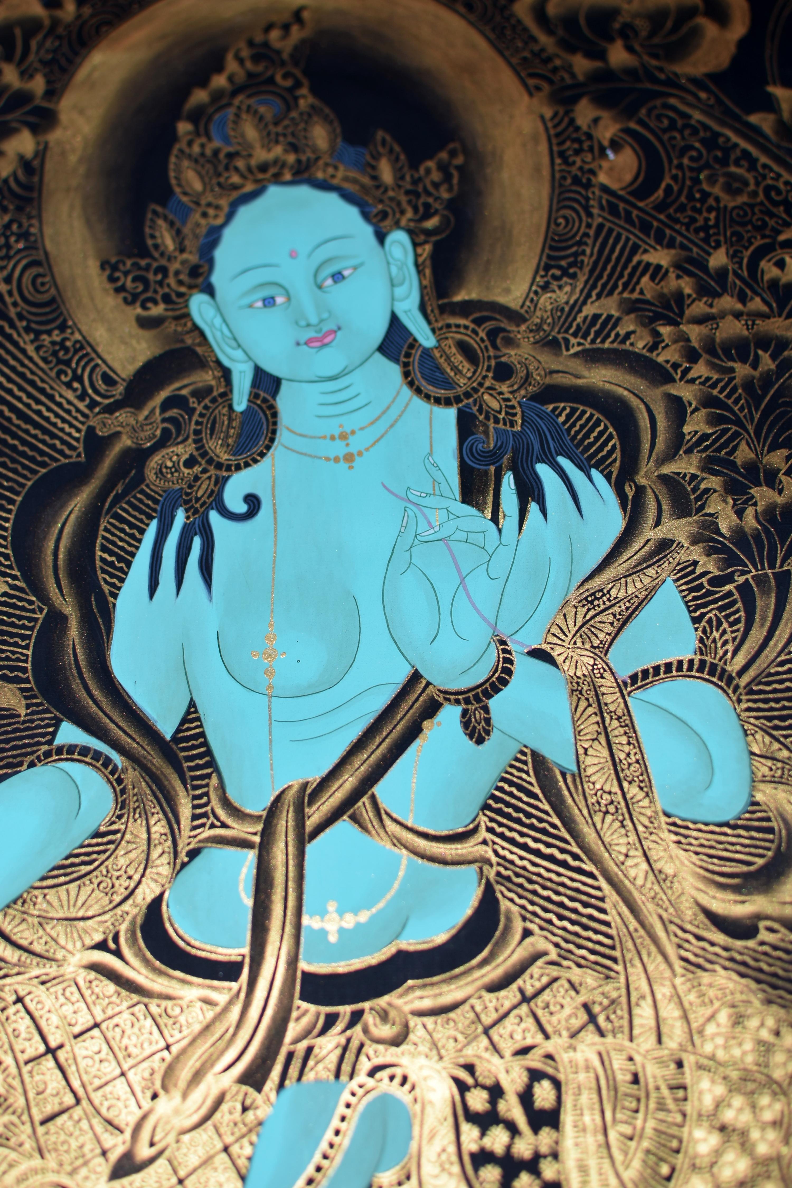 Tibetan Painting Thangka Green Tara Turquoise Gilt In Excellent Condition For Sale In Somis, CA