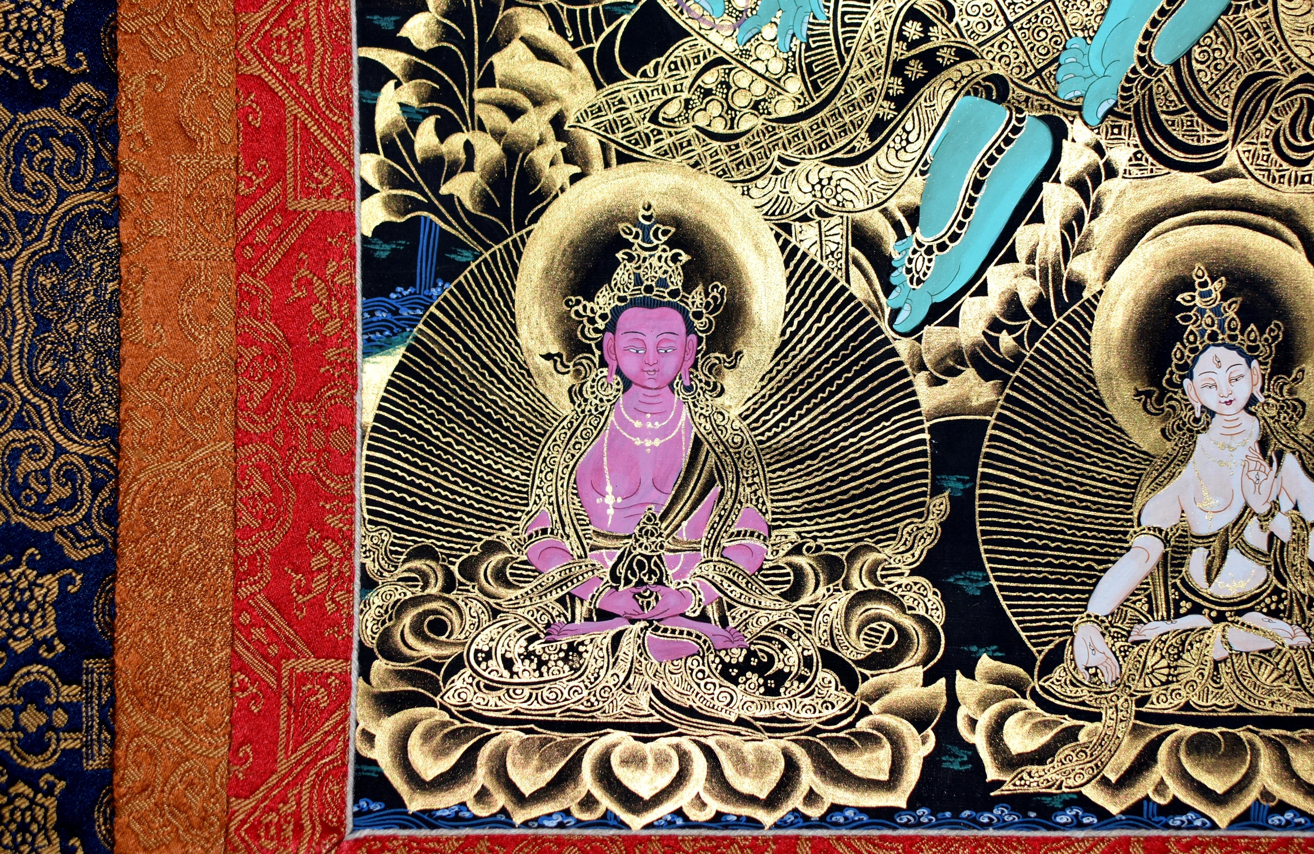 Tibetisches Gemälde Thangka Grün Tara Türkis vergoldet (Brokat) im Angebot