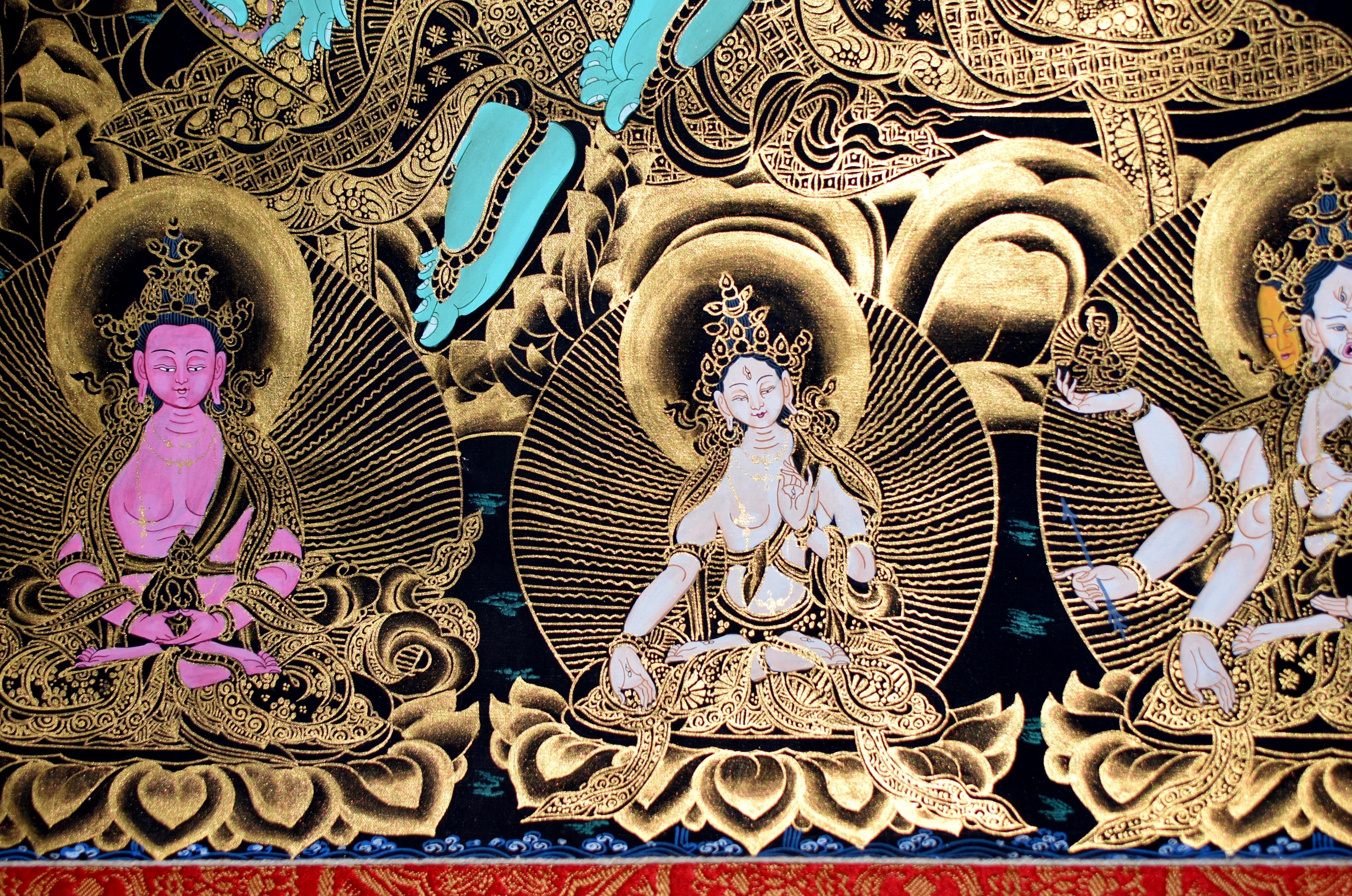 Broccato Pittura tibetana Thangka Verde Tara Turchese Dorata in vendita