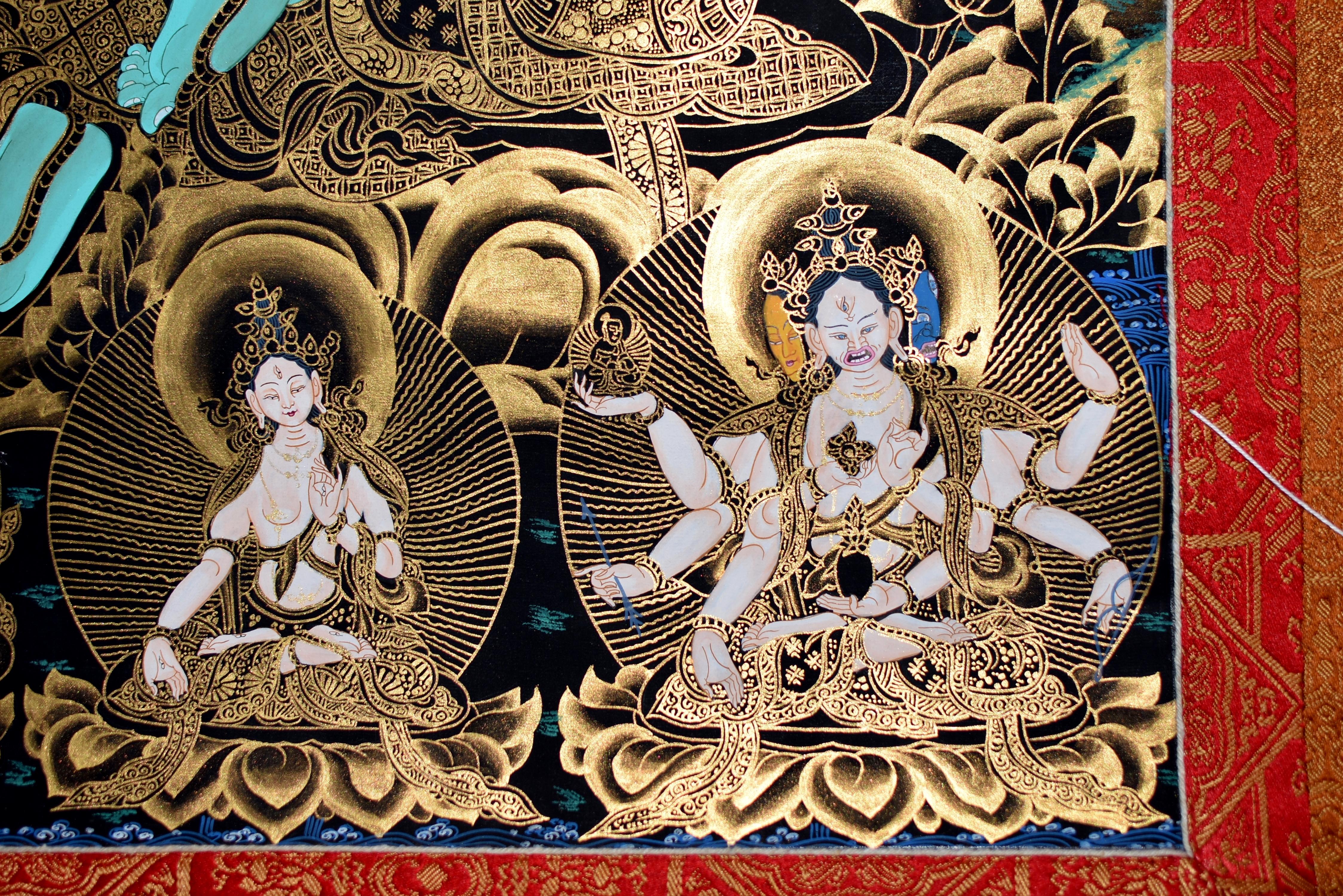 Pittura tibetana Thangka Verde Tara Turchese Dorata in vendita 1