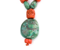 Tibetan Pendant Necklace Including Antique Turquoise and Natural Red Coral