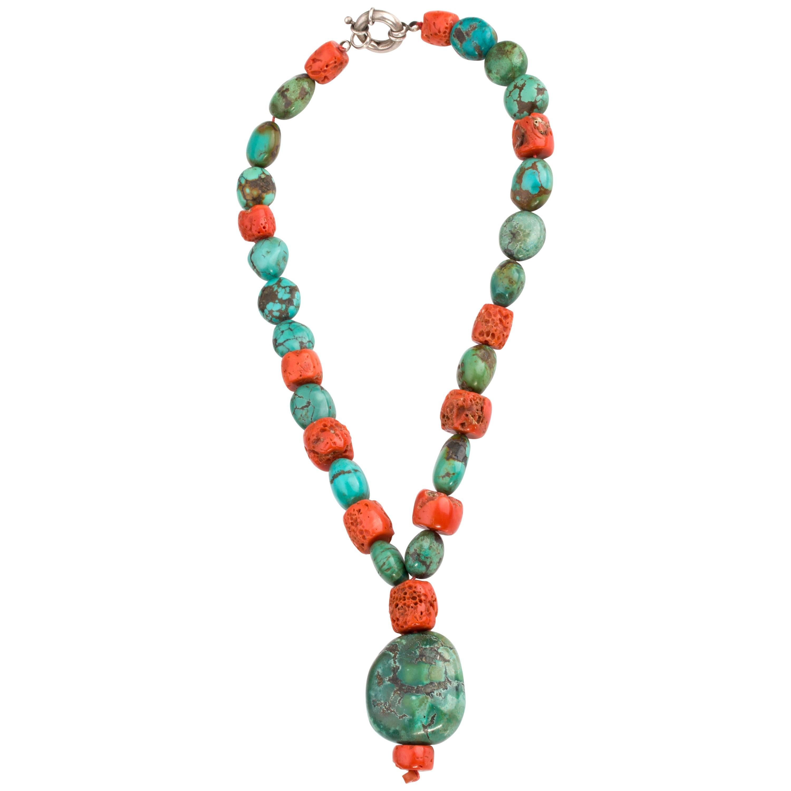 Tibetan Pendant Necklace Including Antique Turquoise and Natural Red Coral For Sale