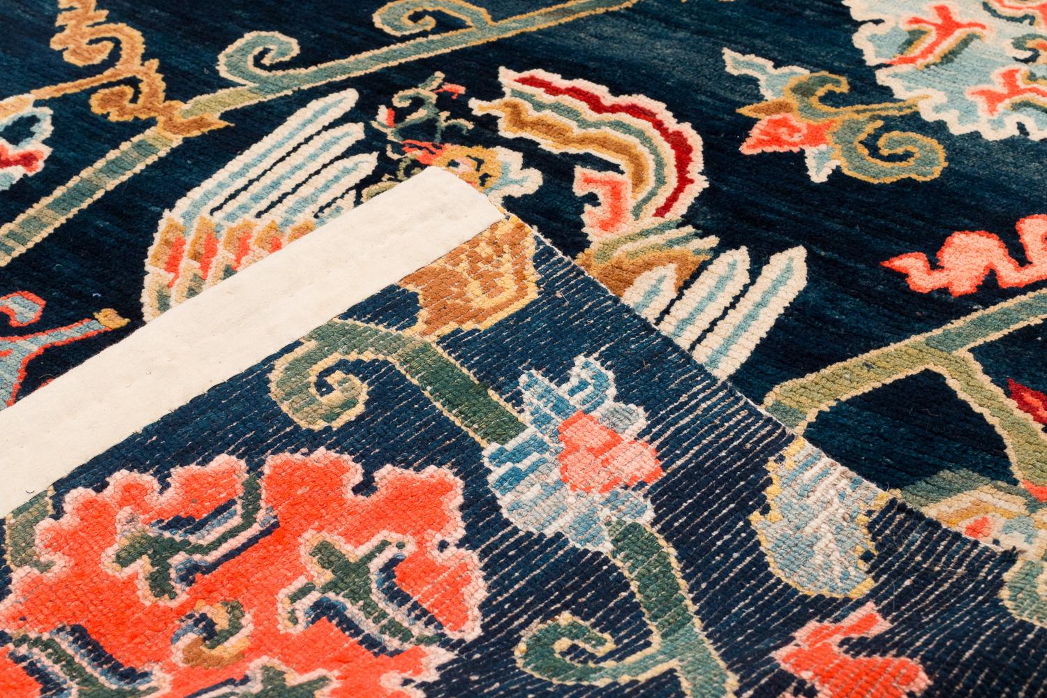 Hand-Woven Rare Antique Tibetan Khadin Rug - Phoenix and Floral Indigo Wool Hand Knotted For Sale