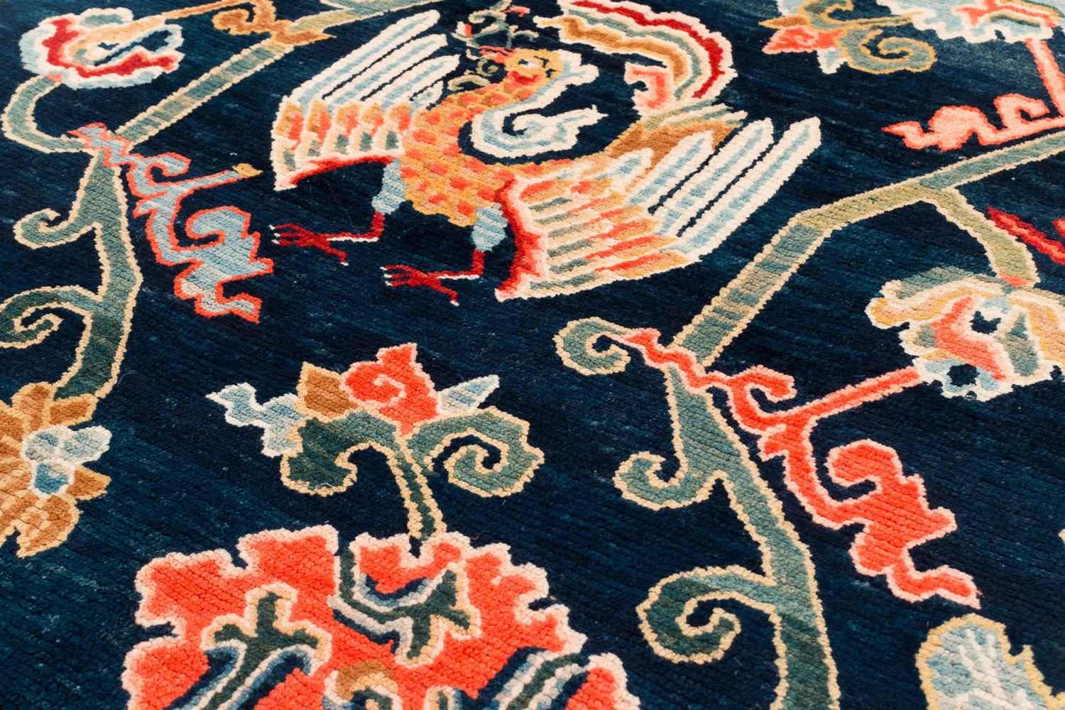 Rare Antique Tibetan Khadin Rug - Phoenix and Floral Indigo Wool Hand Knotted In Excellent Condition For Sale In New York, NY