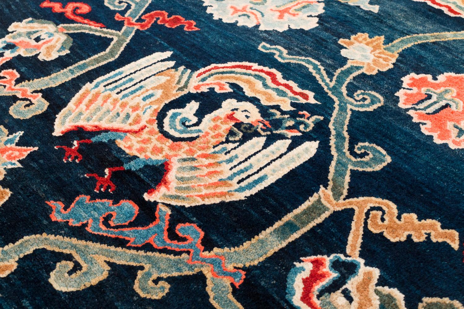 19th Century Rare Antique Tibetan Khadin Rug - Phoenix and Floral Indigo Wool Hand Knotted For Sale