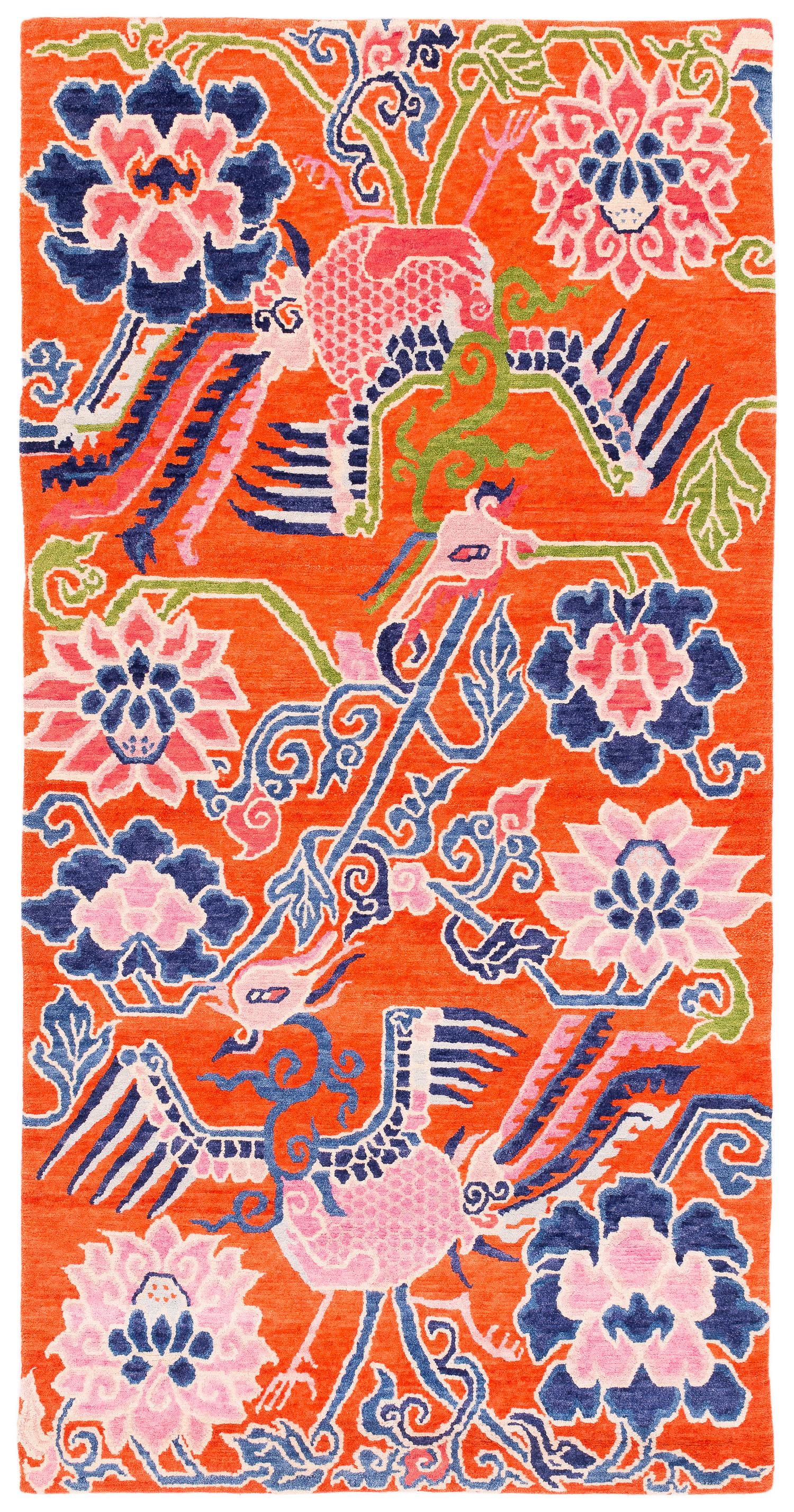Pareja de Alfombras Tibetanas de Fénix y Accesorio Floral Naranja de Joseph Carini en venta 9