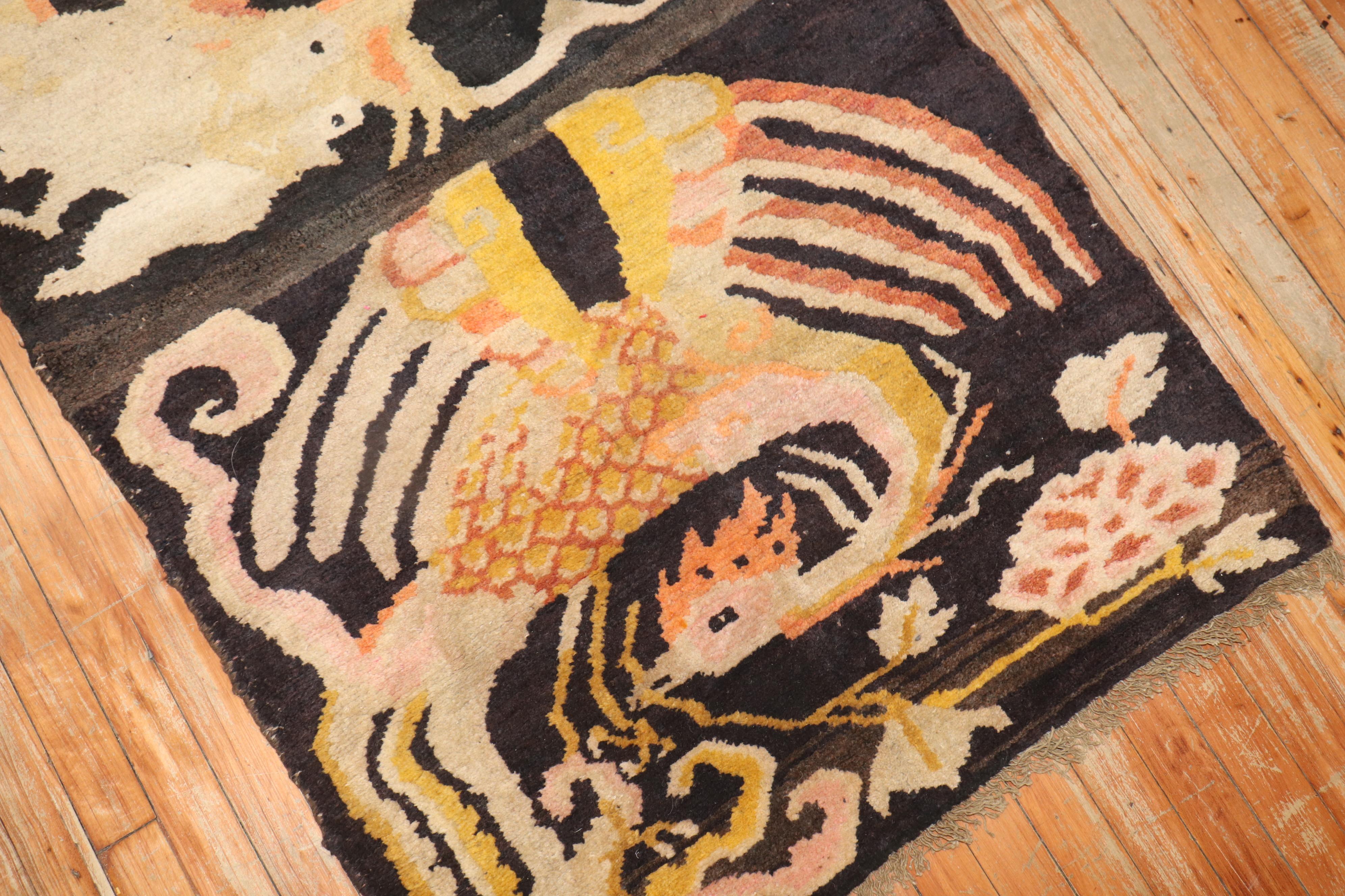 Tibetan Phoenix Dragon Vintage Rug In Good Condition For Sale In New York, NY
