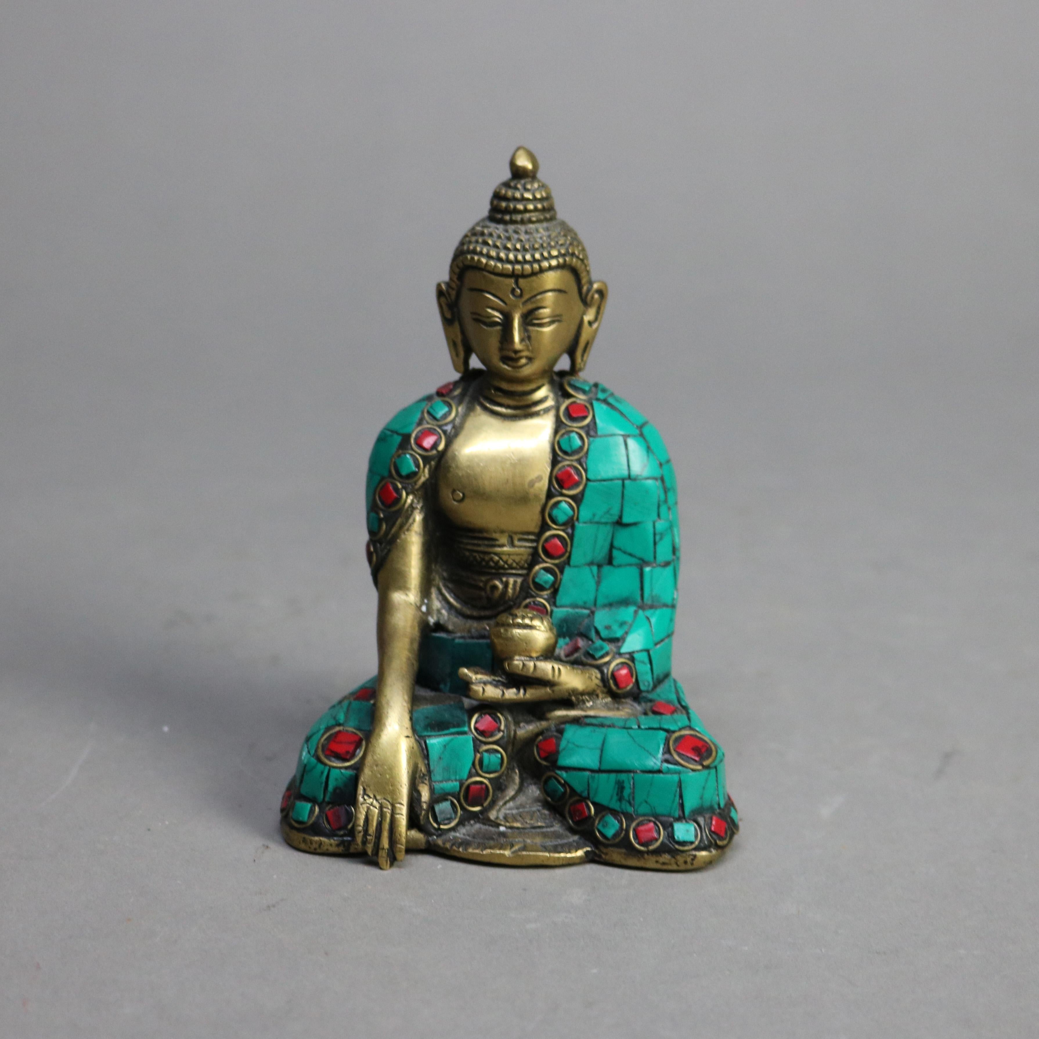 Statue de divinité bouddhiste tibétaine en bronze polychromé avec motif de mosaïque 20e siècle

Dimensions - 4,75 