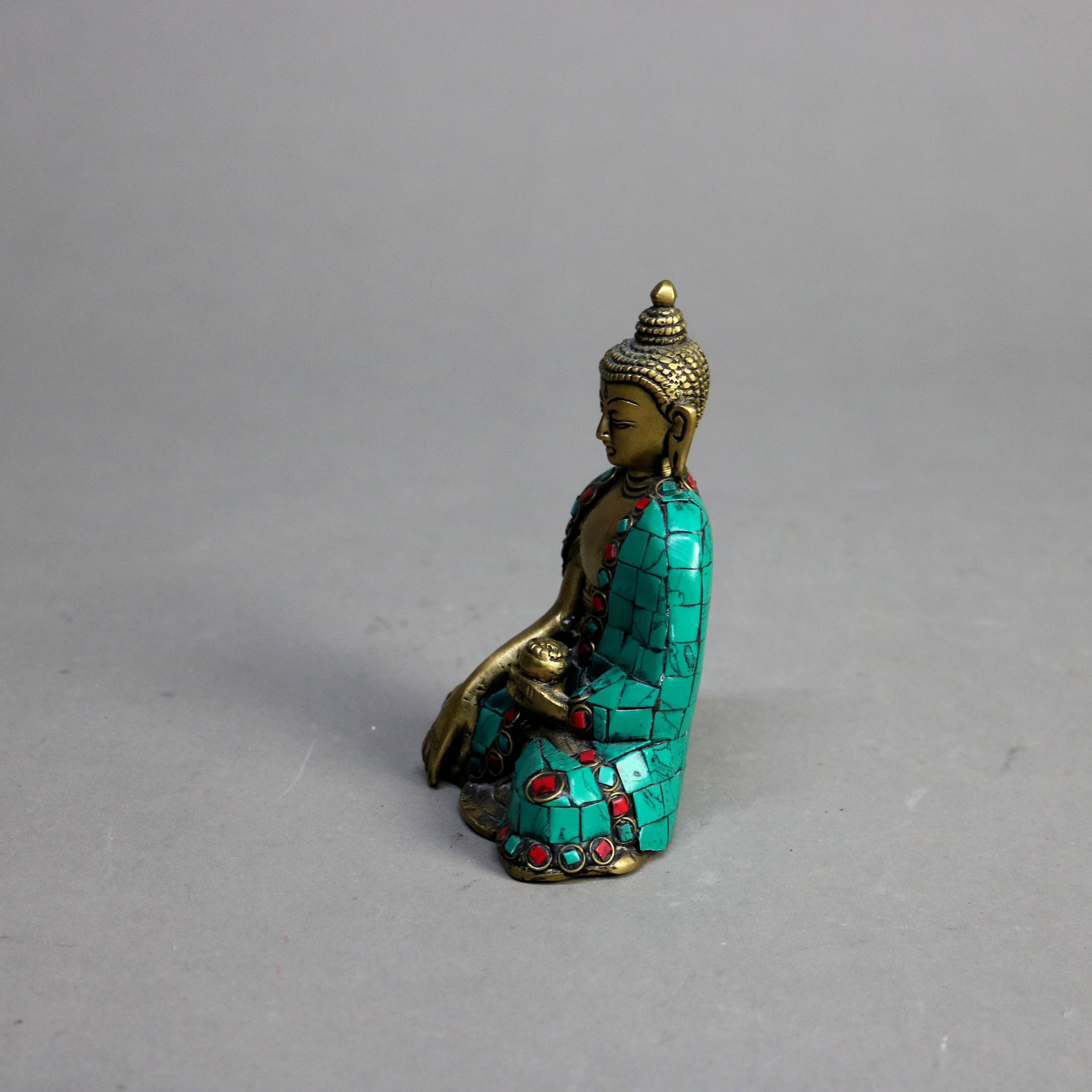 Tibétain Statue de divinité bouddhiste tibétaine en bronze polychromé avec motif de mosaïque 20e siècle en vente