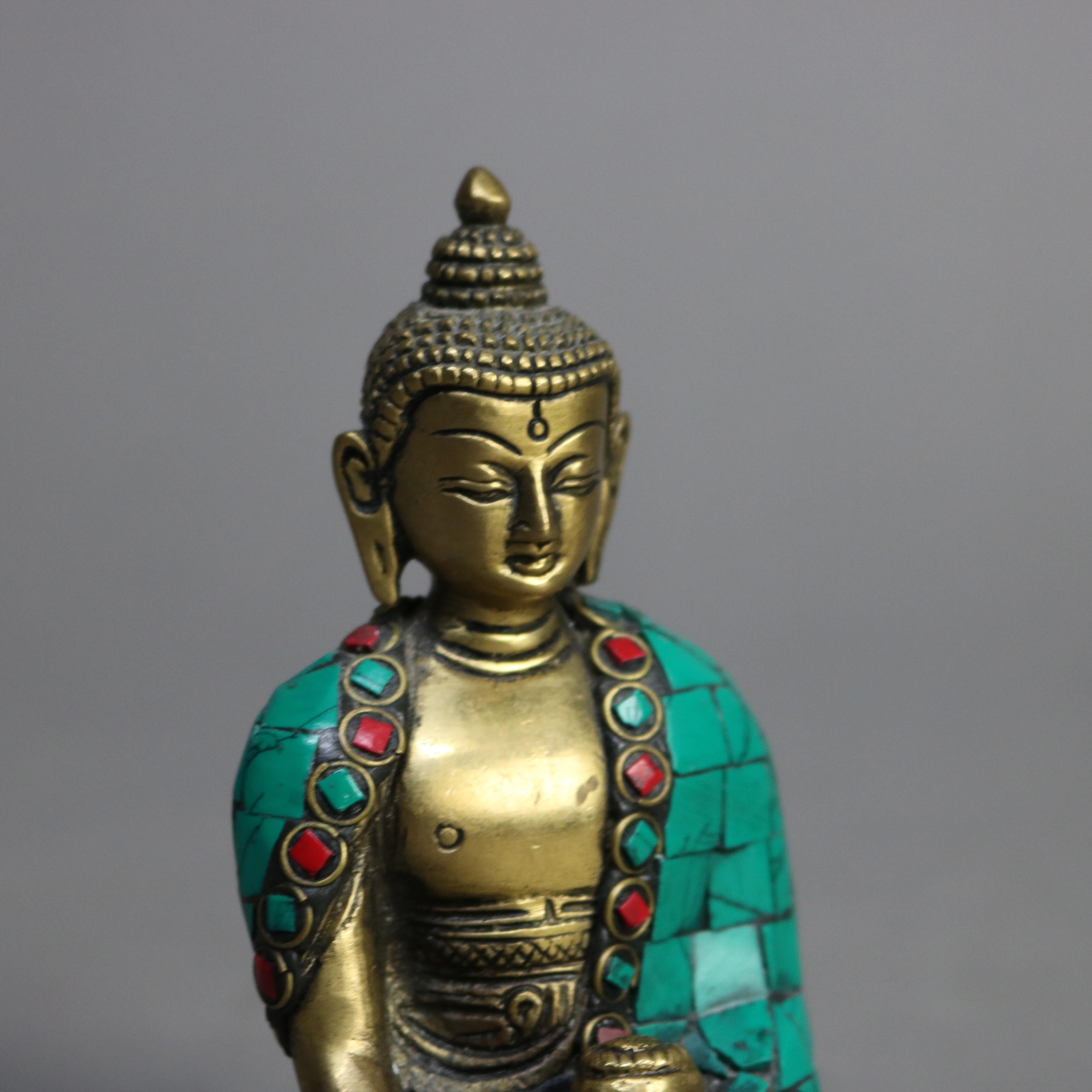 Bronze Statue de divinité bouddhiste tibétaine en bronze polychromé avec motif de mosaïque 20e siècle en vente
