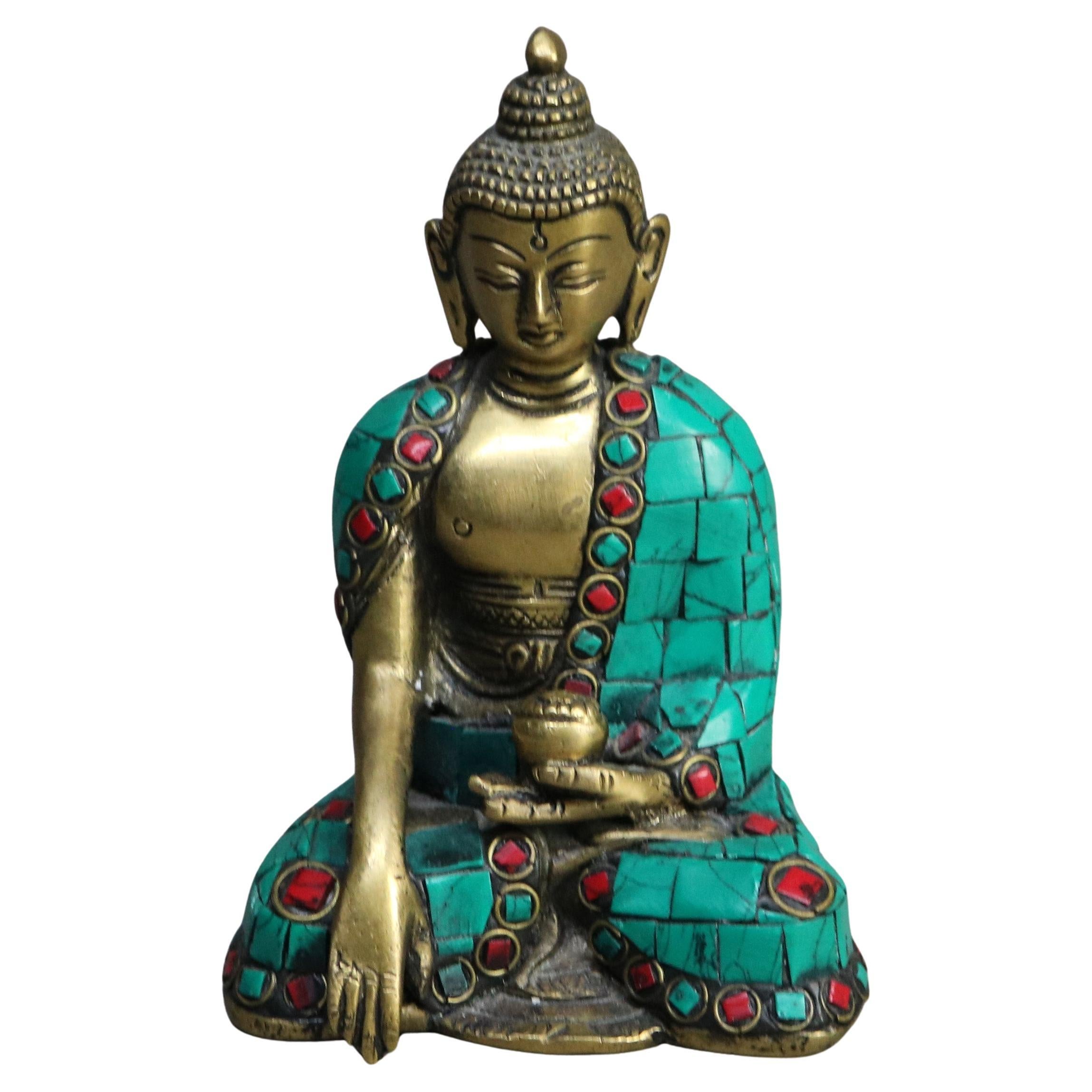 Tibetische polychromierte buddhistische Gottheitsstatue aus Bronze mit Mosaikmuster aus Tibet, 20. Jahrhundert