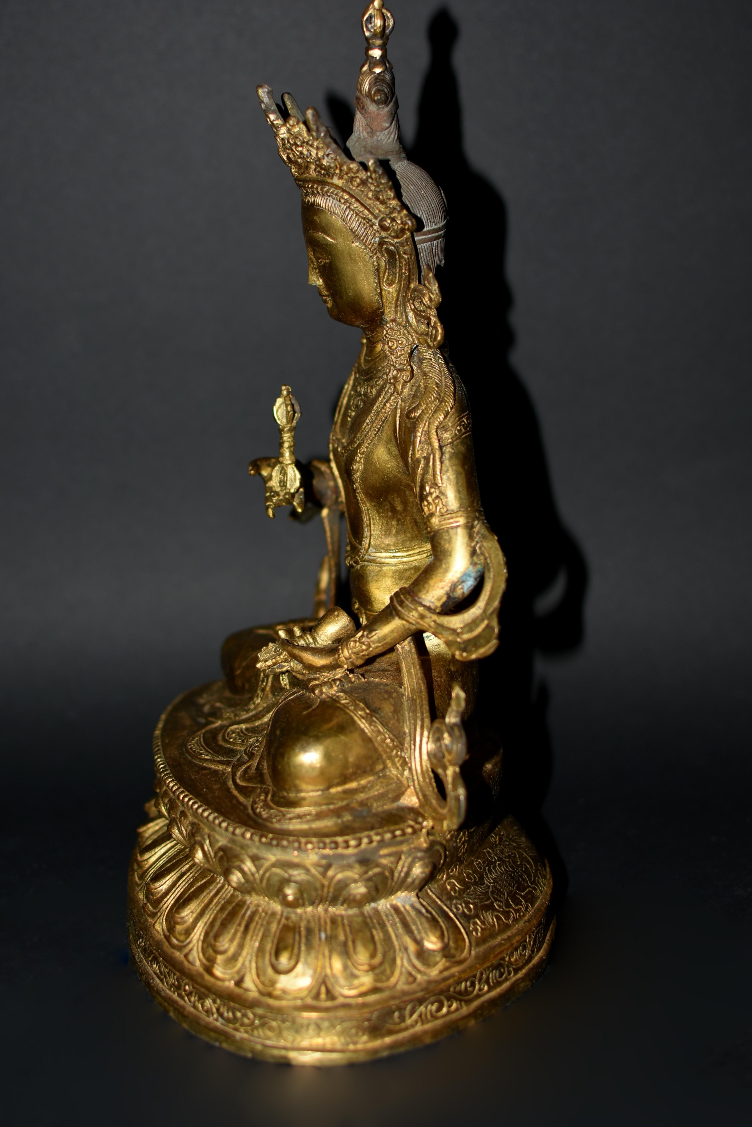 Tibetischer schützender Buddha Vajrasattva aus vergoldeter Bronze 13