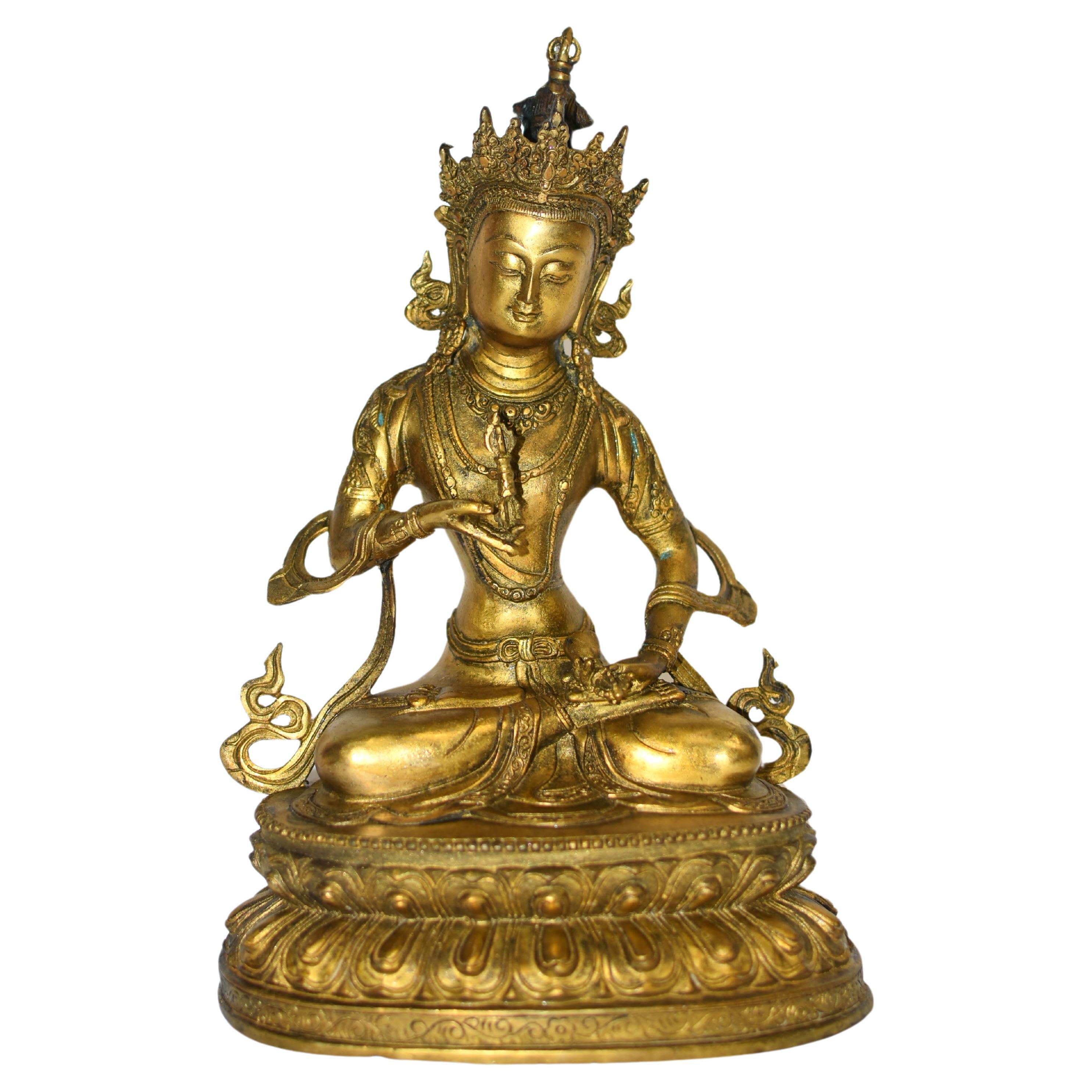 Tibetischer schützender Buddha Vajrasattva aus vergoldeter Bronze 13" im Angebot