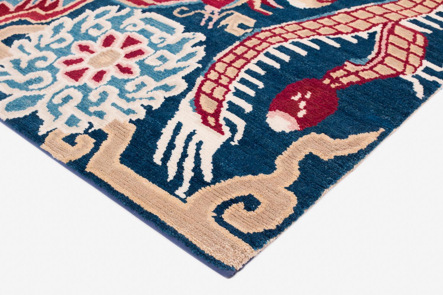 Alfombra de lana tibetana roja y azul Phoenix Dragon Accessory by Joseph Carini Lana en venta