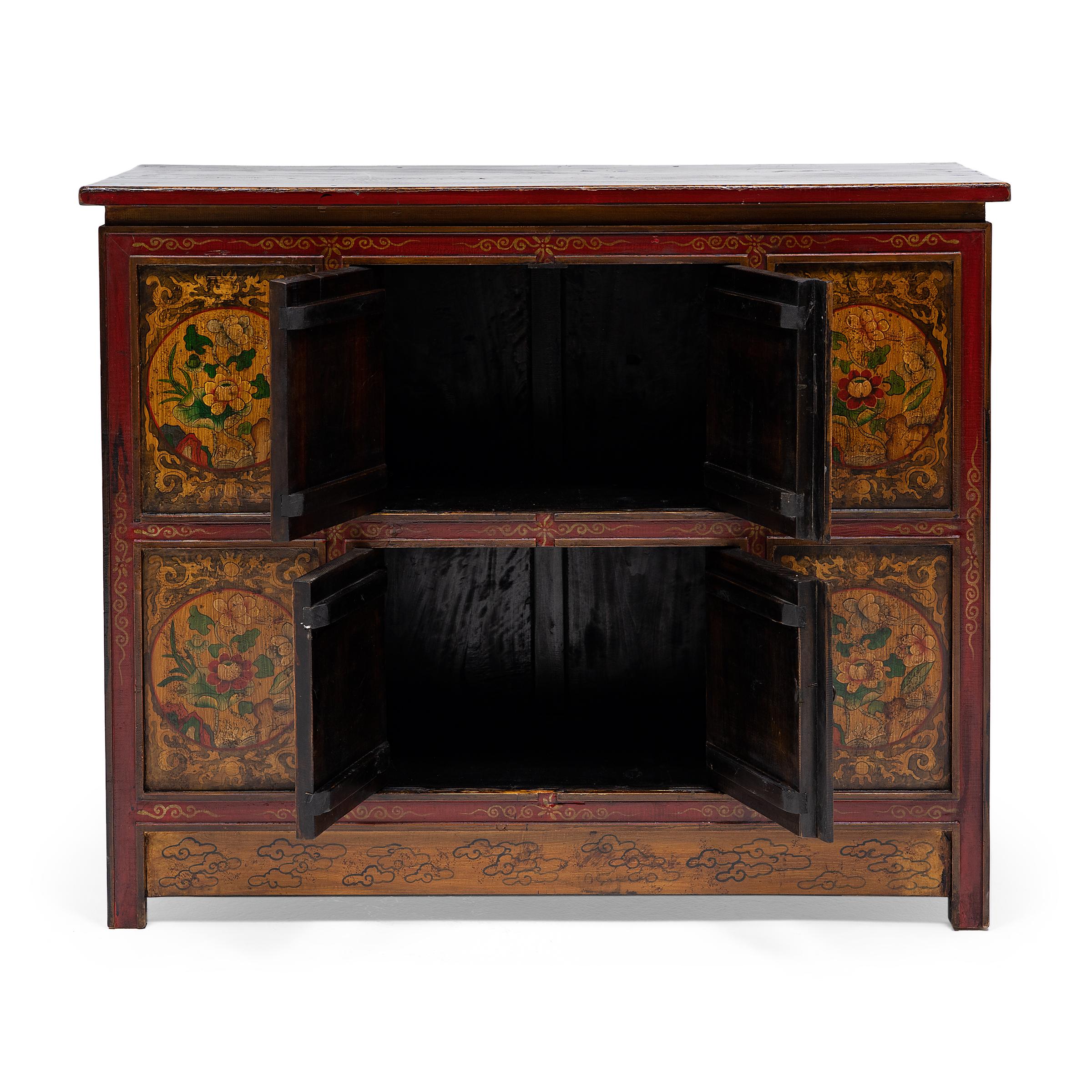 Wood Tibetan Red and Gold Painted Cabinet, c. 1900 For Sale