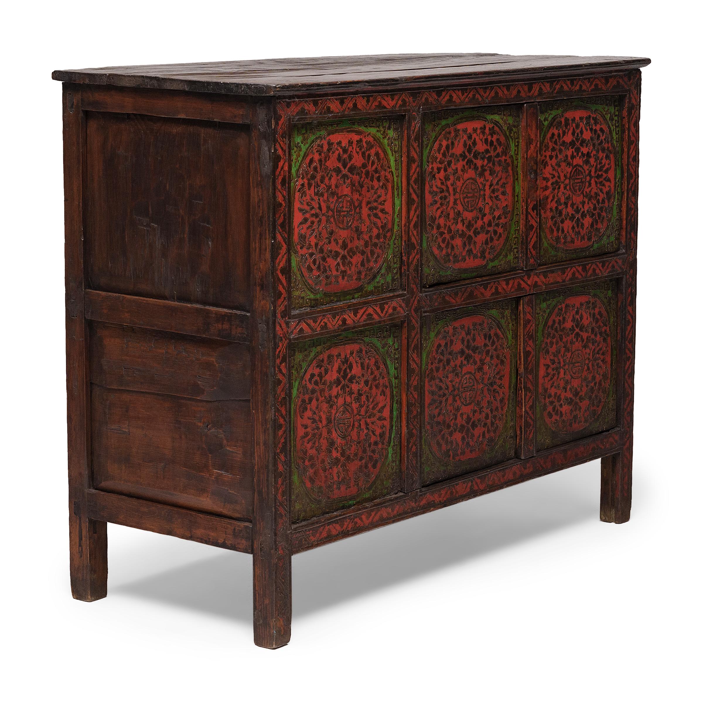 19th Century Tibetan Red & Green Longevity Coffer, c. 1850 For Sale
