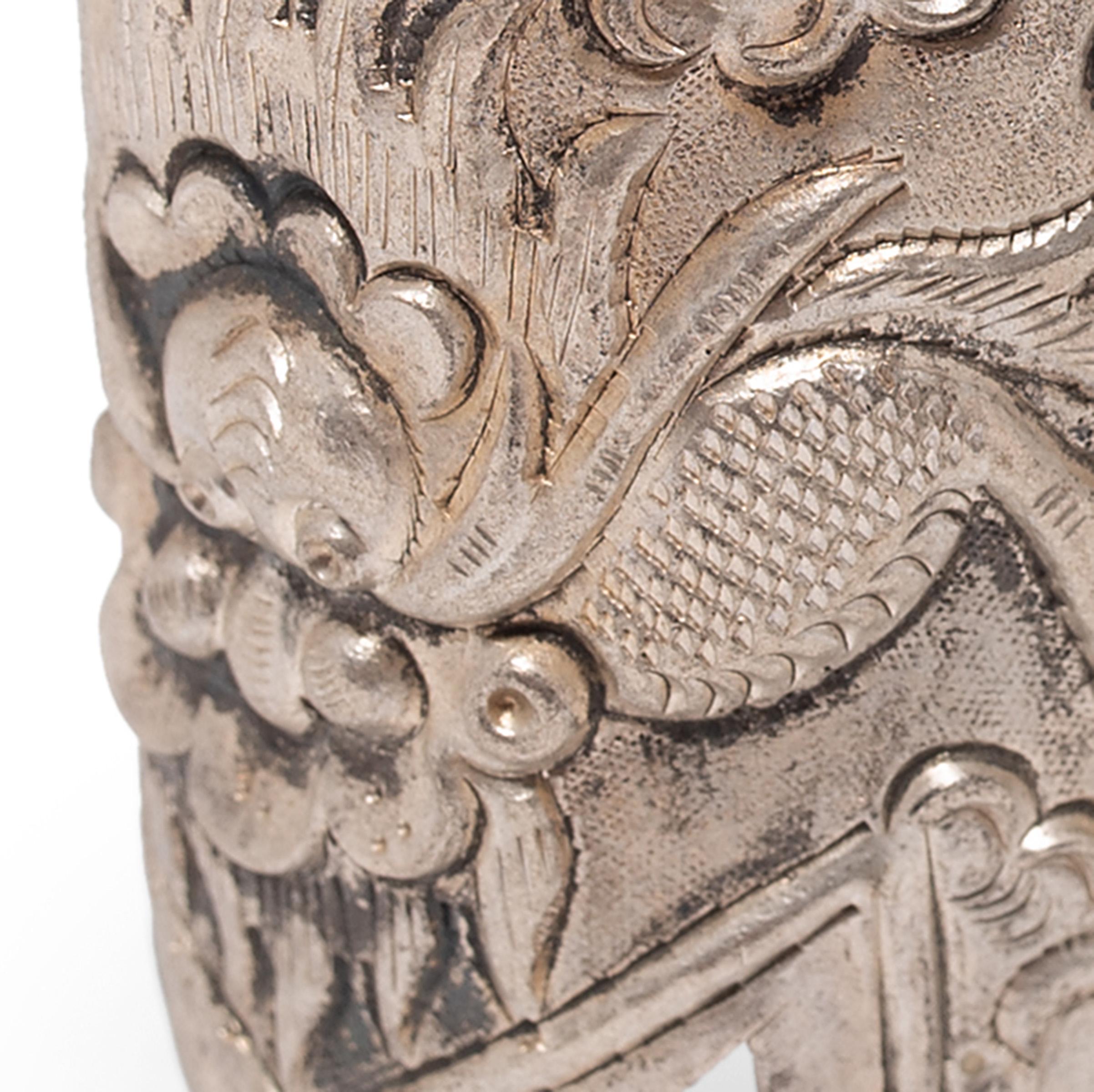 Tibetan Repoussé Silver Fitting with Dragons, c. 1900 In Good Condition For Sale In Chicago, IL