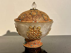 Tibetan Rock Crystal Covered Bowl with Gilt Silver Filigree Mounts, Modern