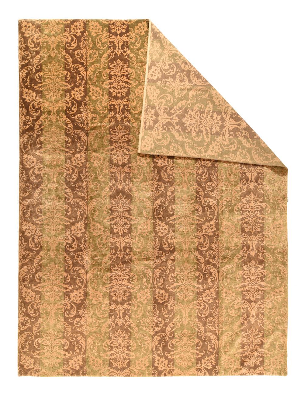 Tibetan Rug 9'0'' x 12'0''.  This all-stripe, no border textile patterned piece whose equal bands in rust red and abrashed burnt salmon, with an overlaid, three band wide potentially infinite pattern of Baroque volute acanthus leaves and Italian