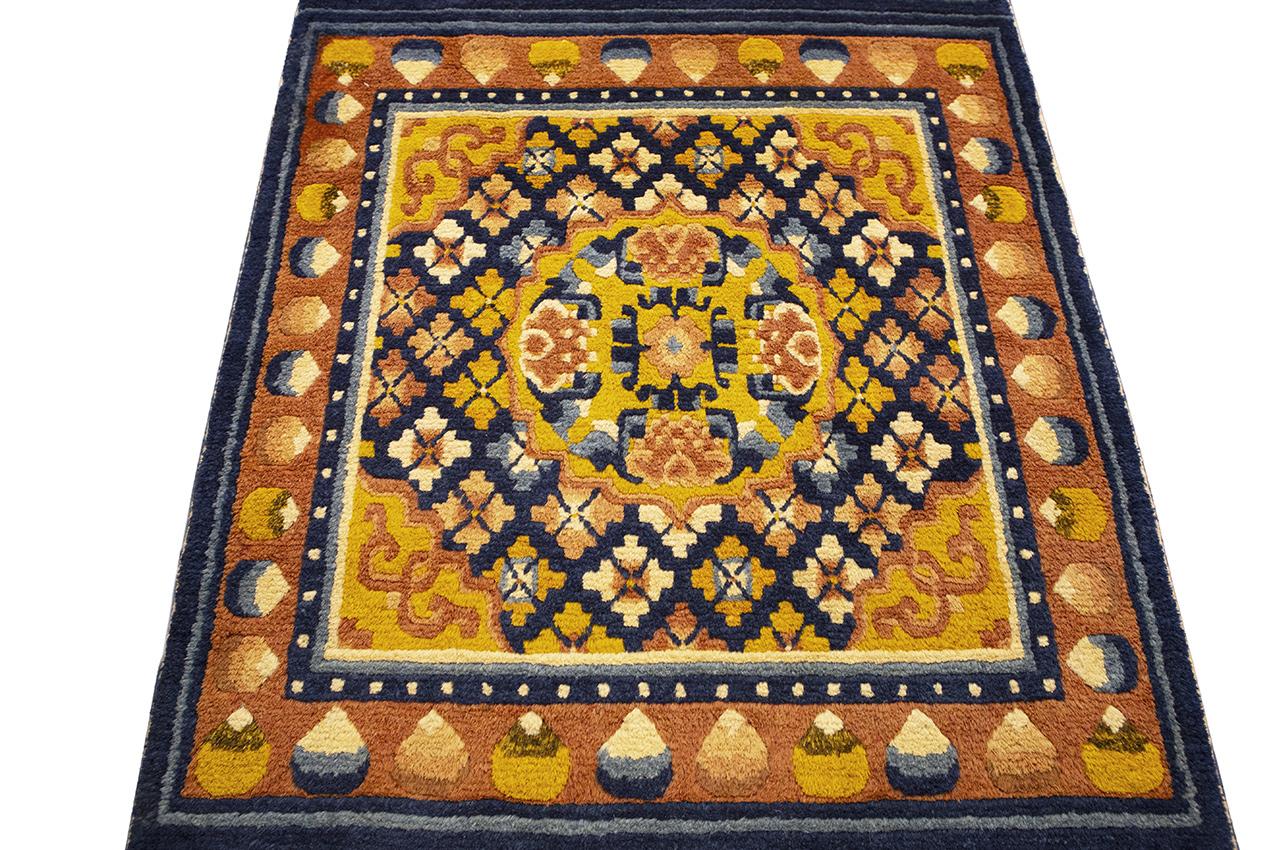 Hand-Knotted Tibetan Rug Antique Temple Design For Sale