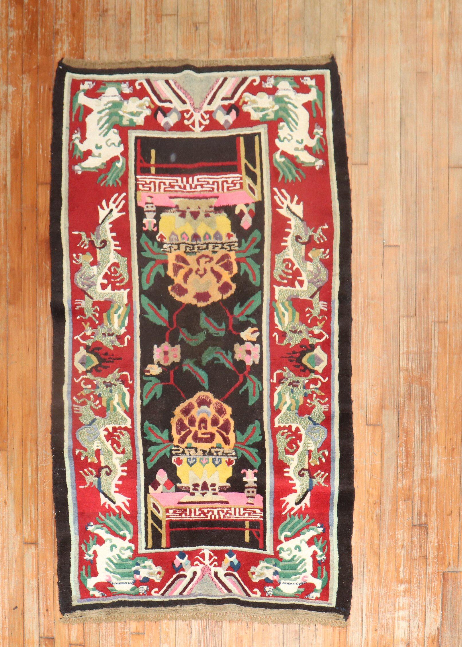 Colorful one of a kind Tibetan rug from the 3rd quarter of the 20th century

Measures: 3'8'' x 6'7''.