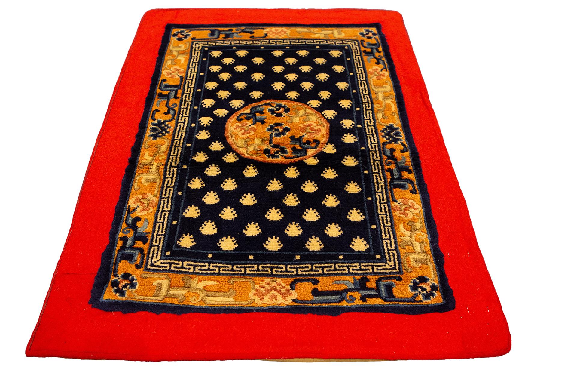 Hand-Knotted Tibetan Rug Midnight Blue Field For Sale