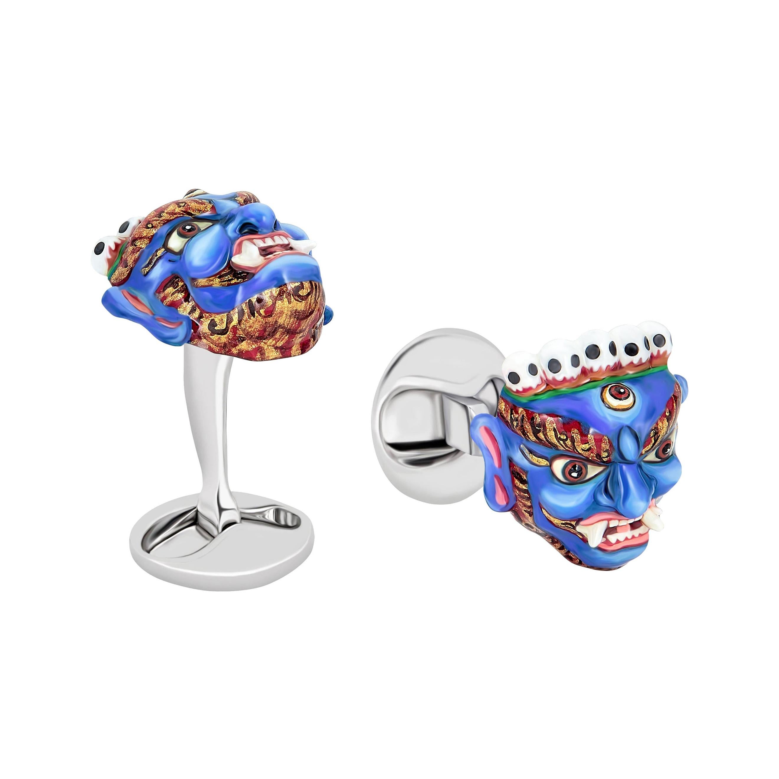 Tibetan Sacred Mask "Mahakala" Cufflinks in Hand-Enameled Sterling Silver by FU