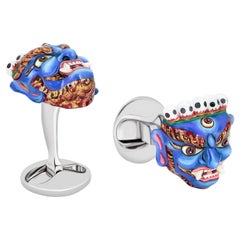 Tibetan Sacred Mask "Mahakala" Cufflinks in Hand-enameled Sterling Silver  by FU