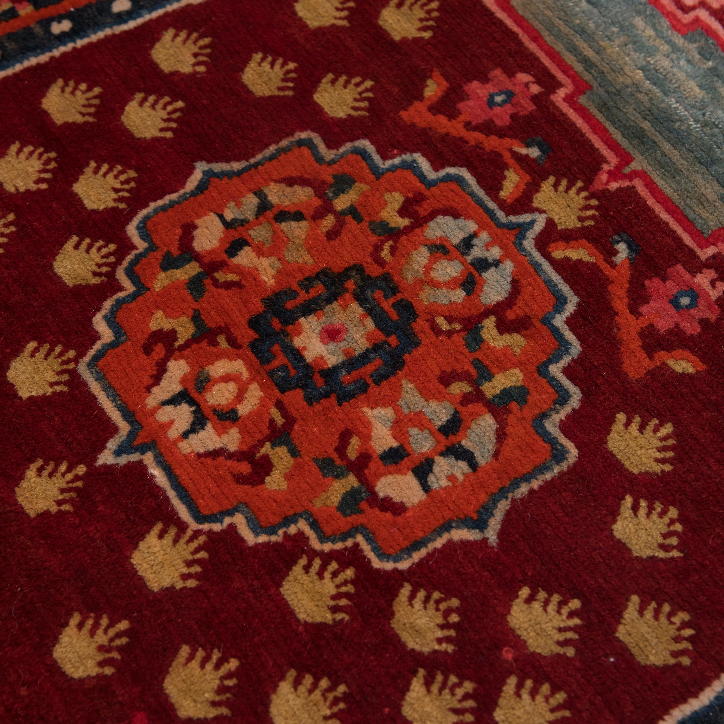 Vegetable Dyed Tibetan Saddle Carpet with Meander Border, c. 1900 For Sale