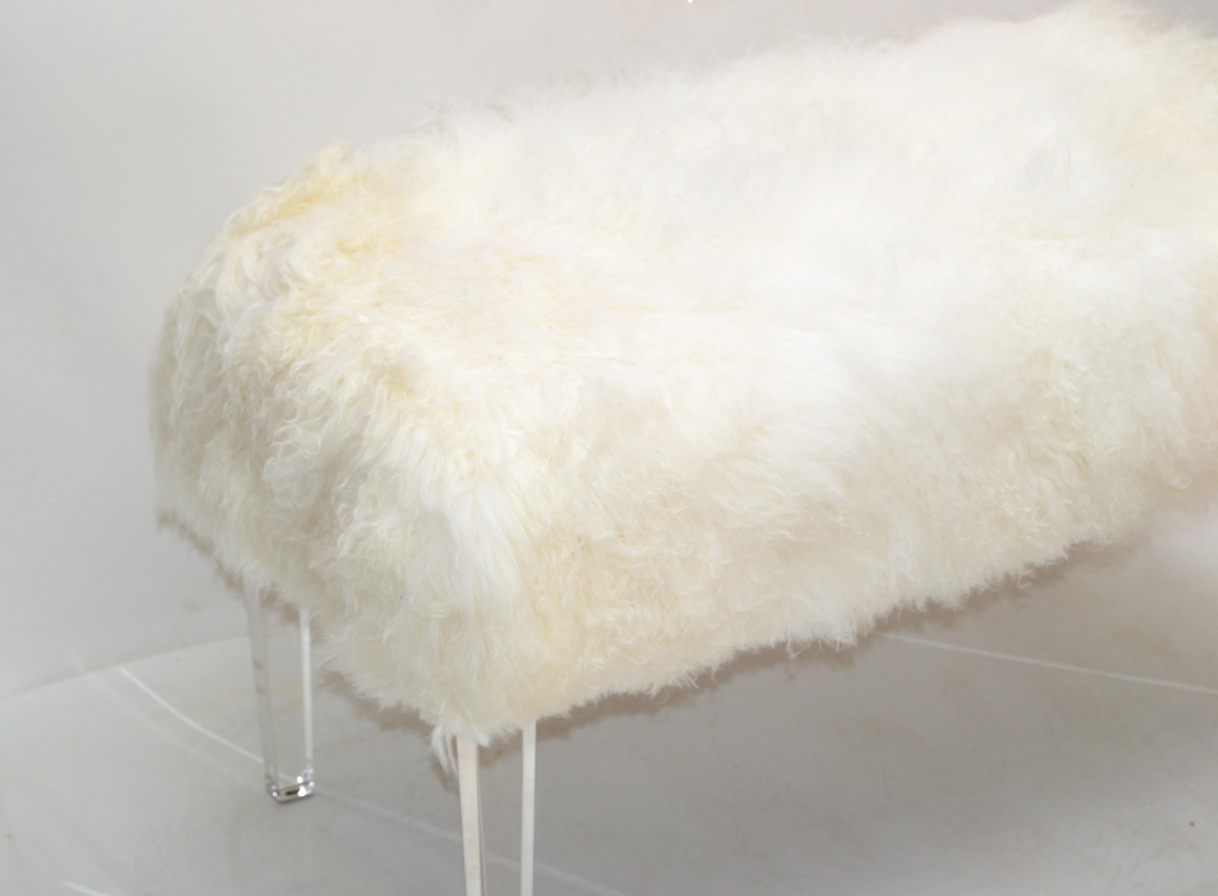 Hand-Crafted Tibetan Sheepskin Bench Lucite Tapered Legs Mid-Century Modern, 1970 For Sale