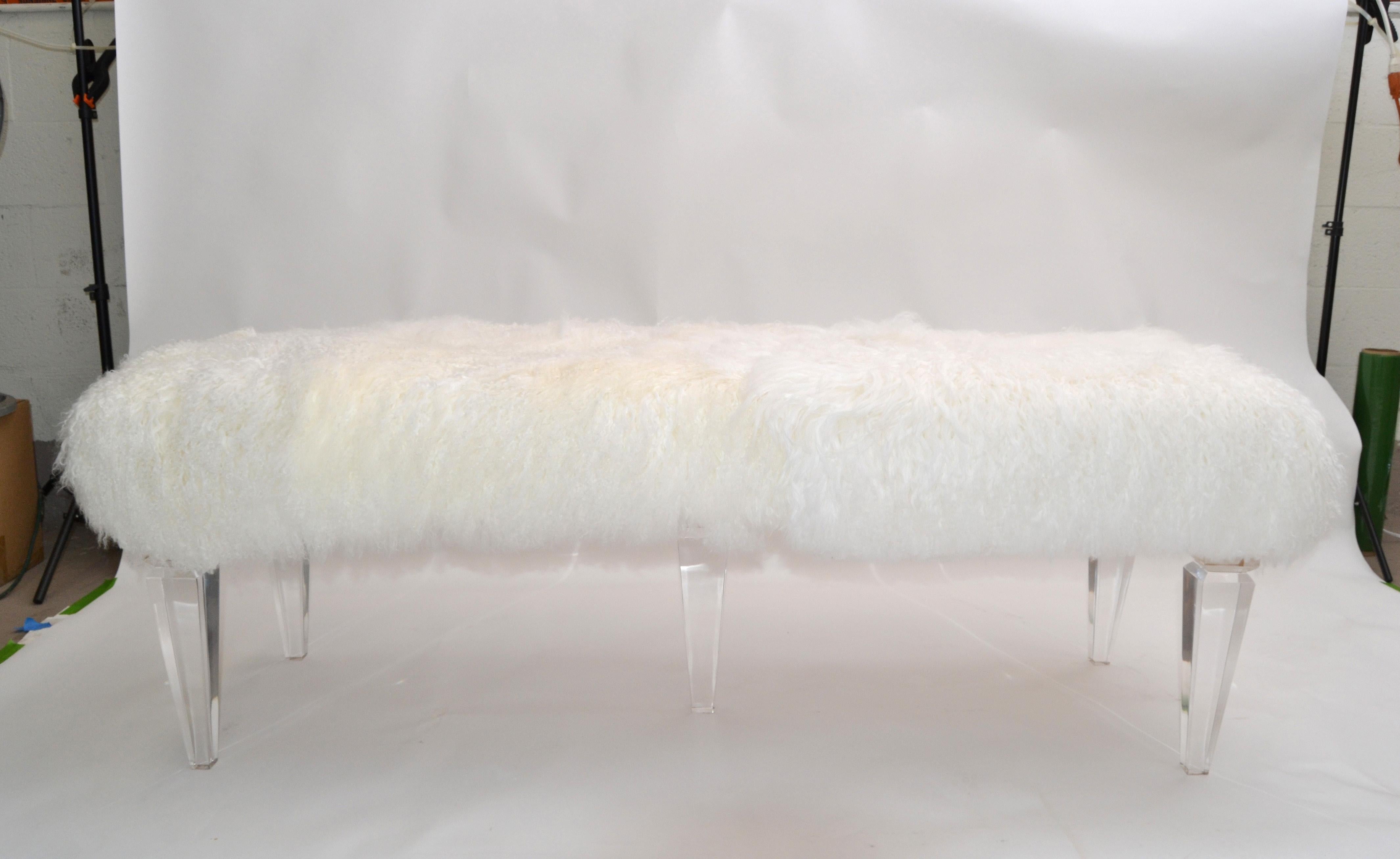 Tibetan Sheepskin Bench on 5 Lucite Legs For Sale 3